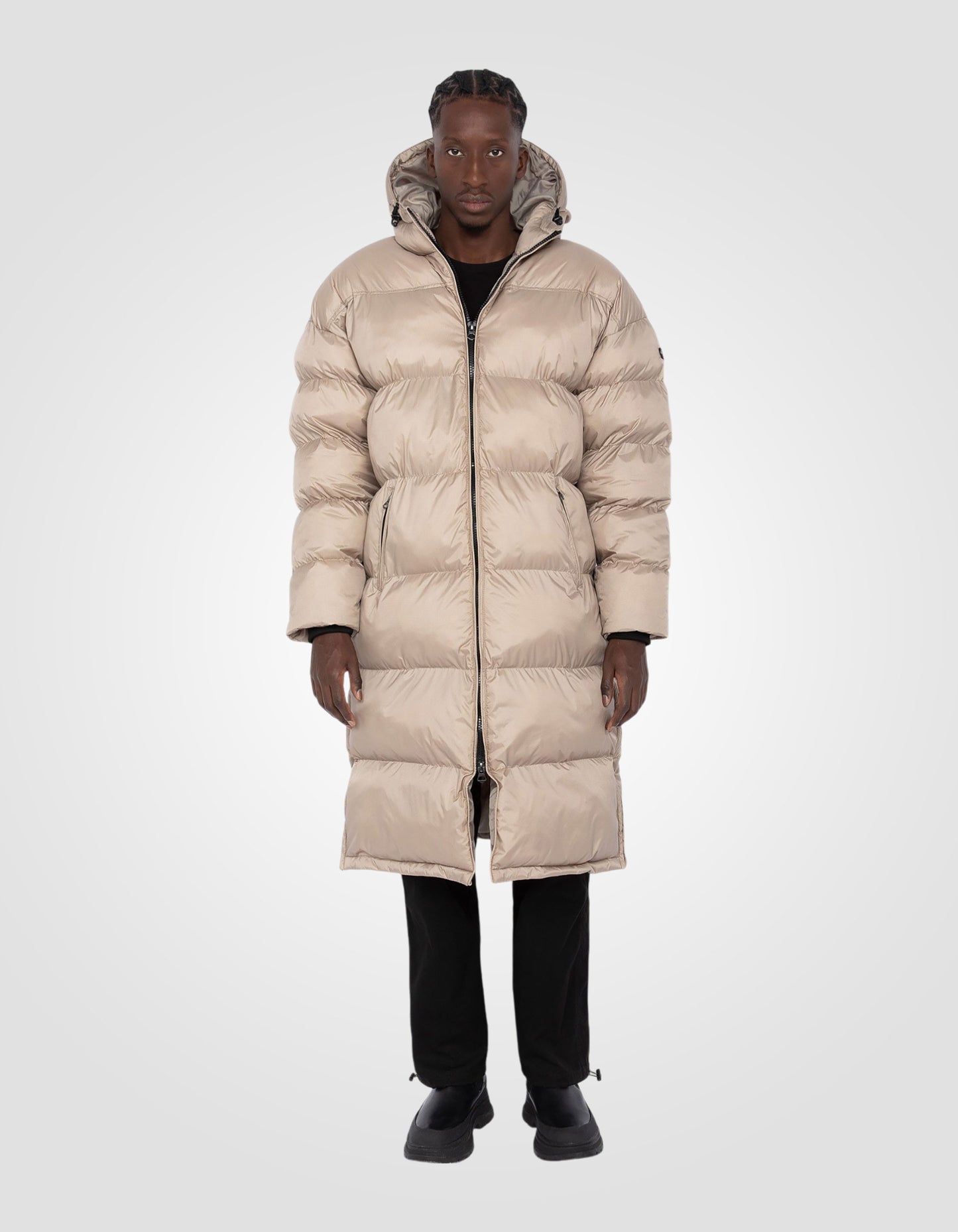 Extra long hooded puffer jacket