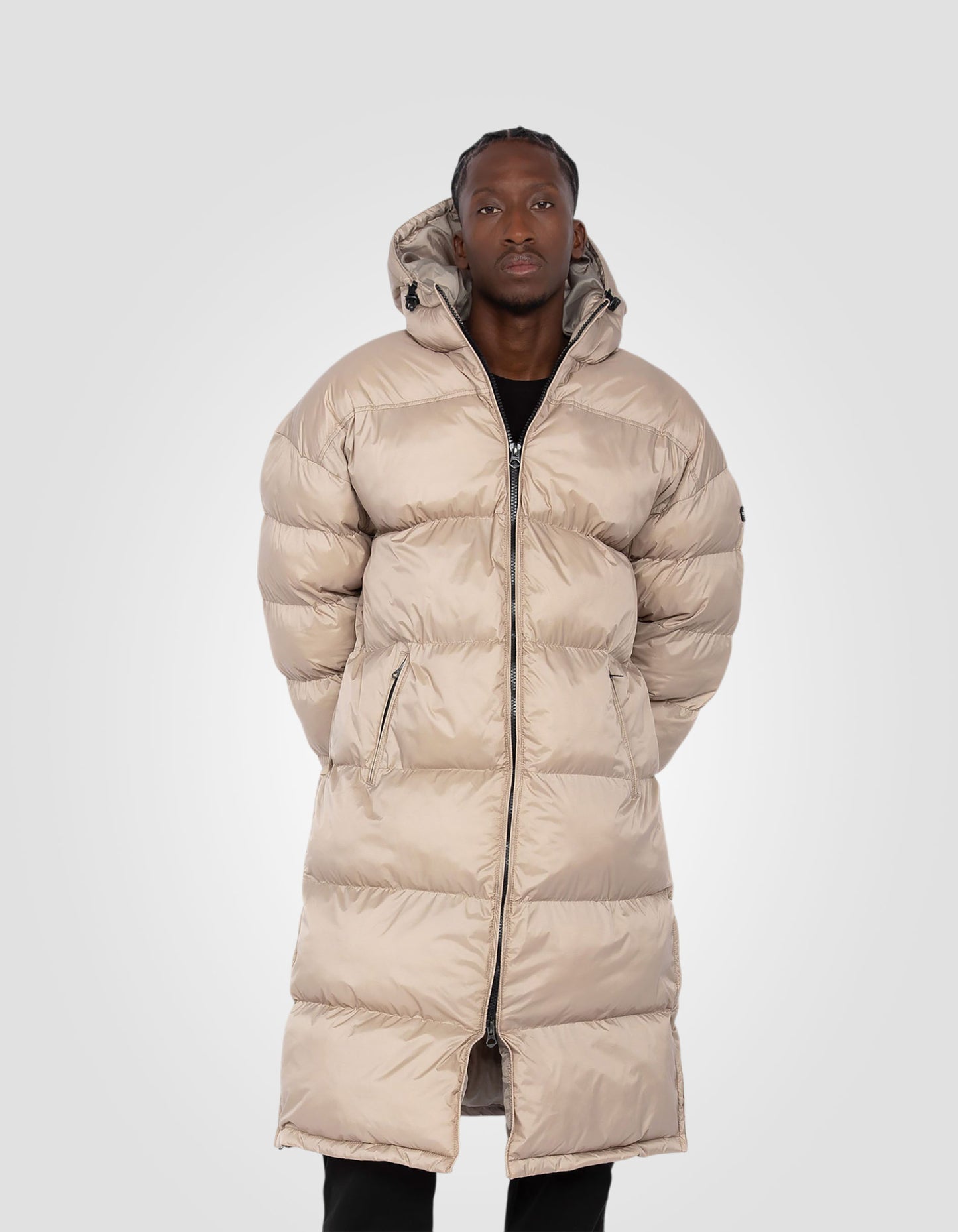 Extra long hooded puffer jacket