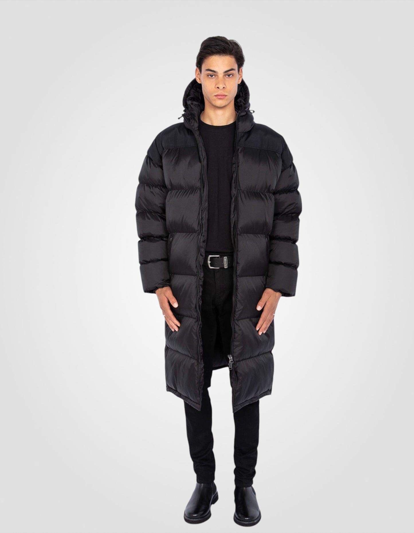 Extra long hooded puffer jacket