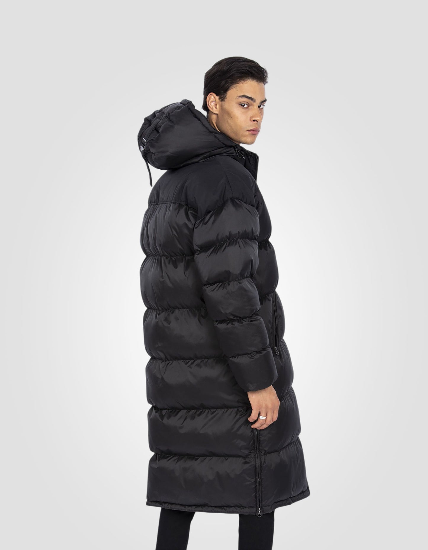 Extra long hooded puffer jacket