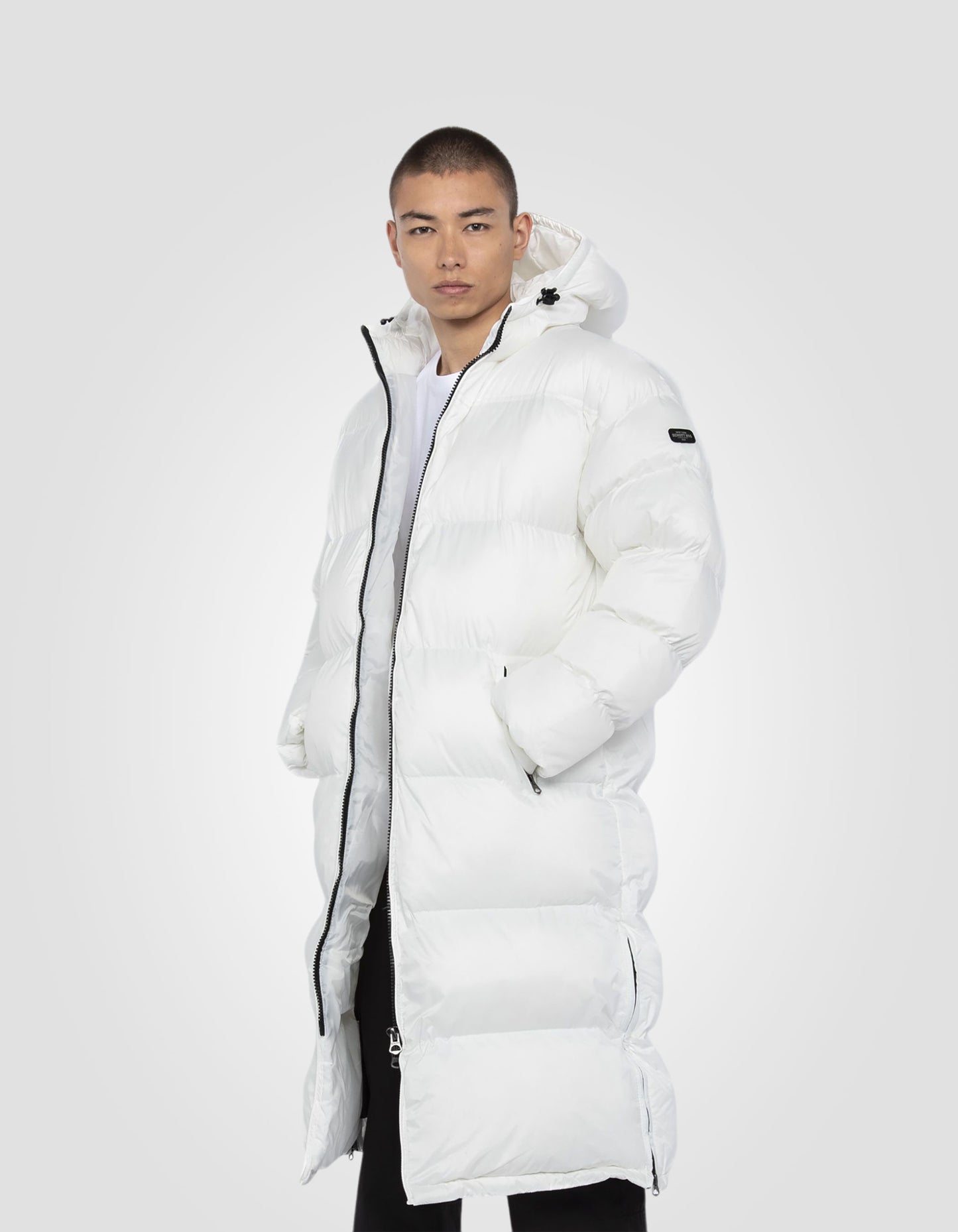 Extra long hooded puffer jacket