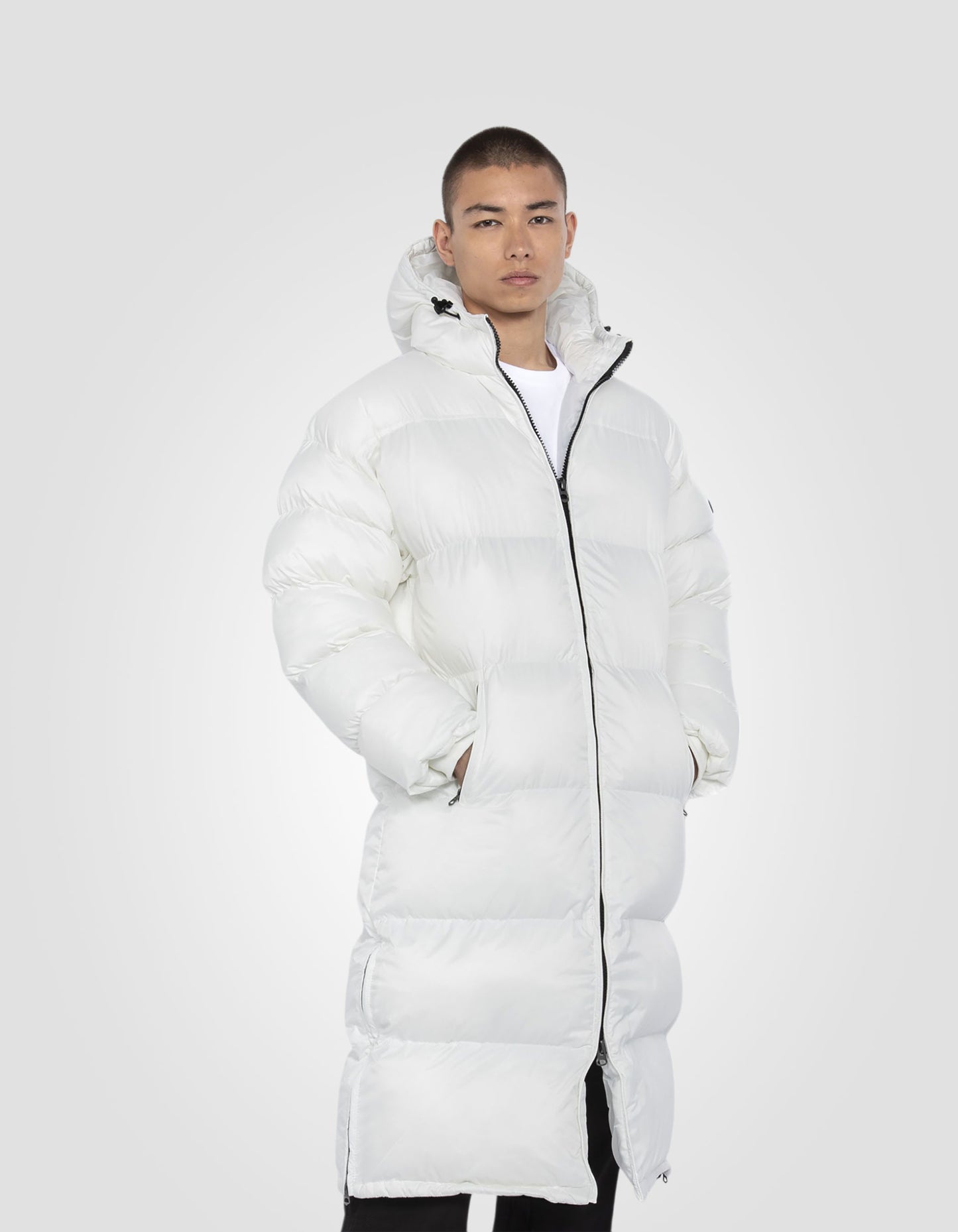 Extra long hooded puffer jacket