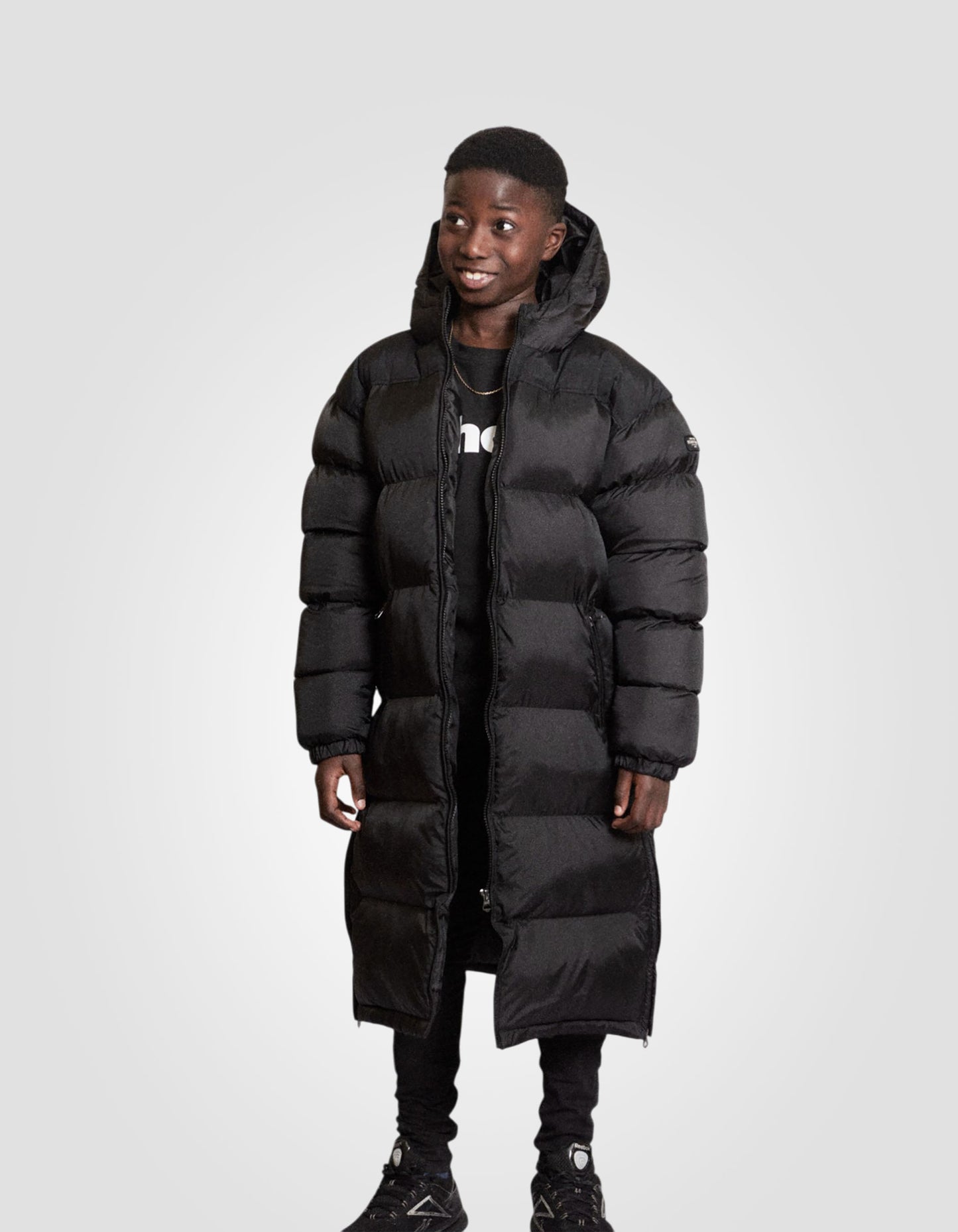 Extra long hooded puffer jacket