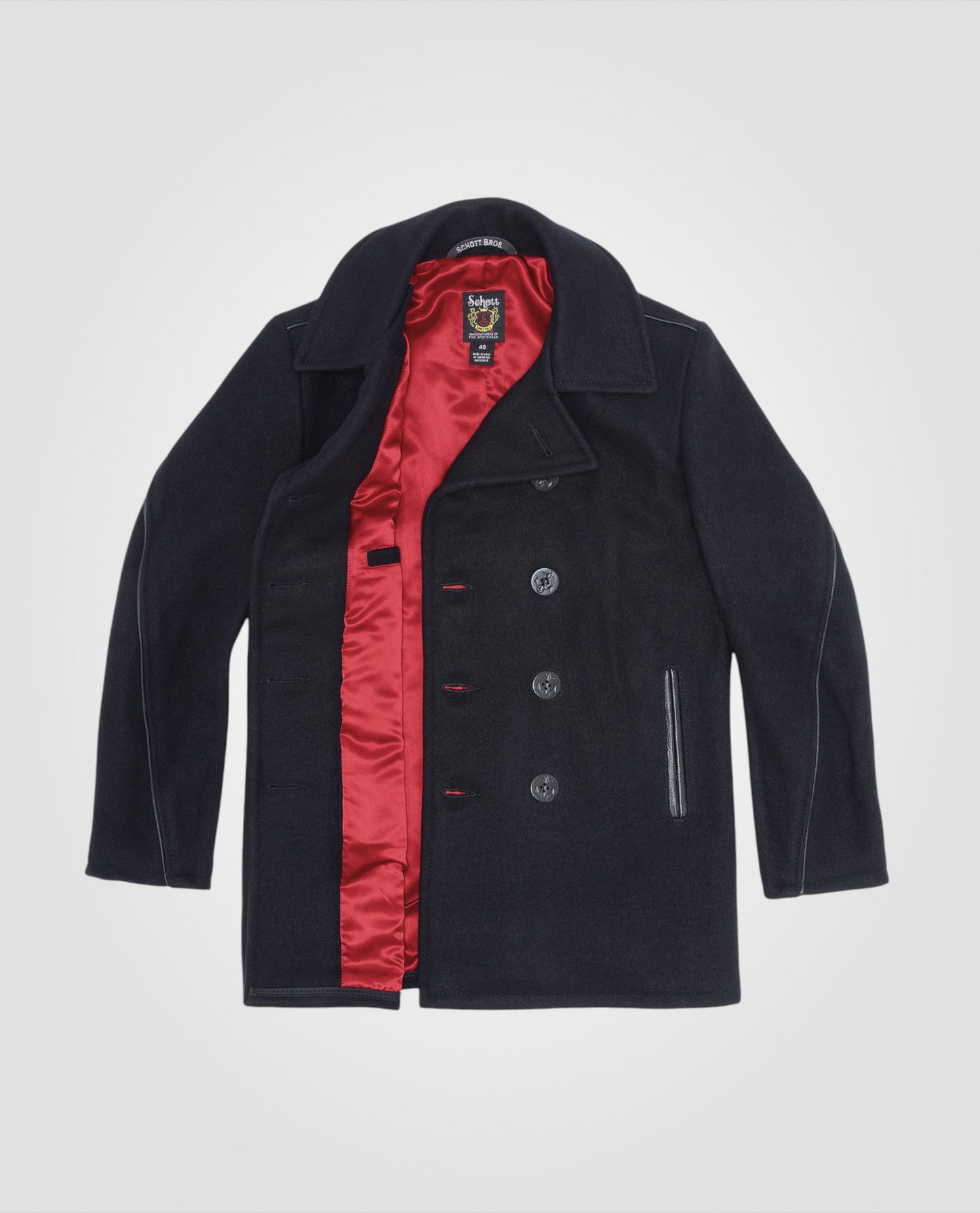 Wool blend peacoat, satin red lining, mythical USA