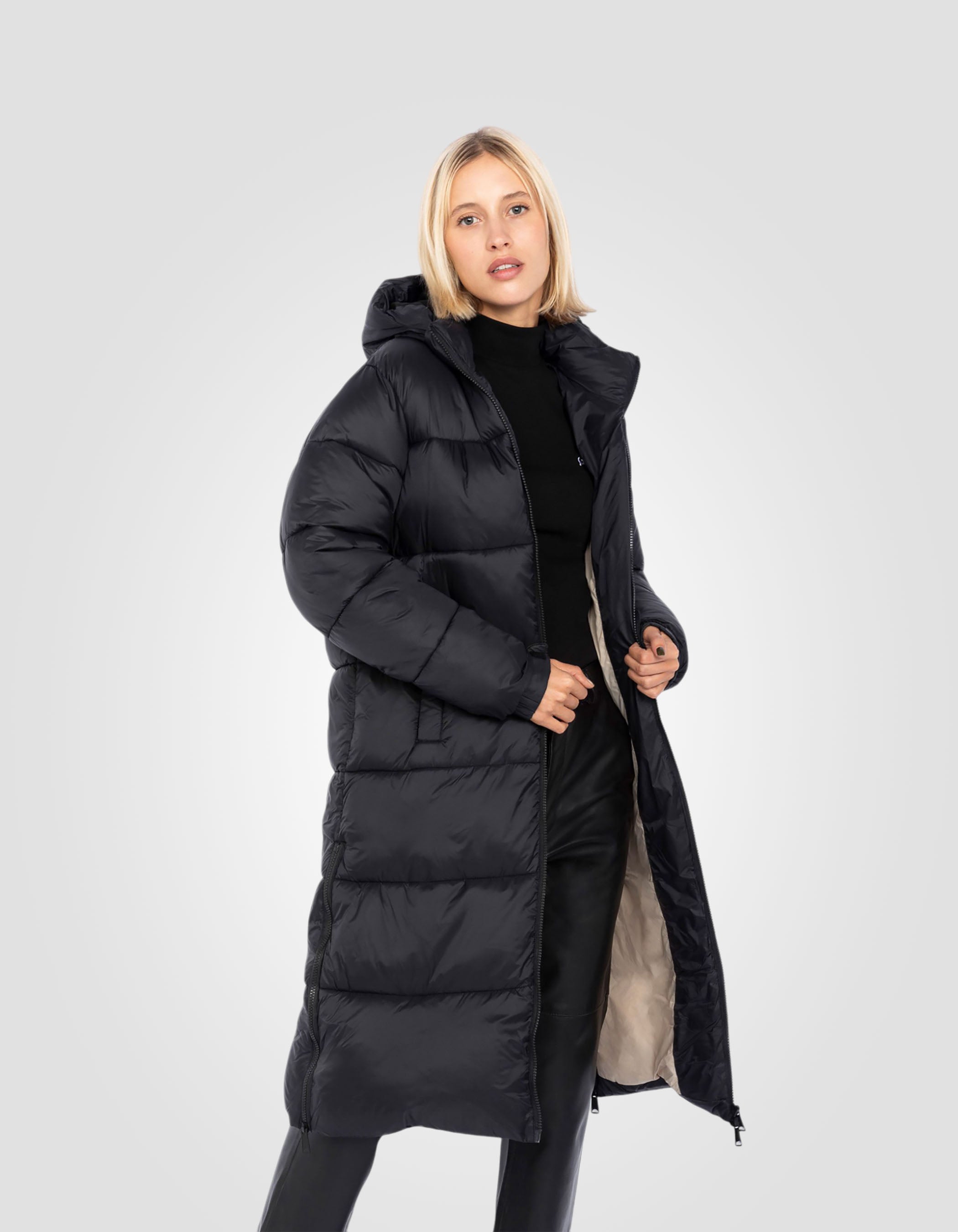 Extra long recycled nylon hooded Puffer jacket-3