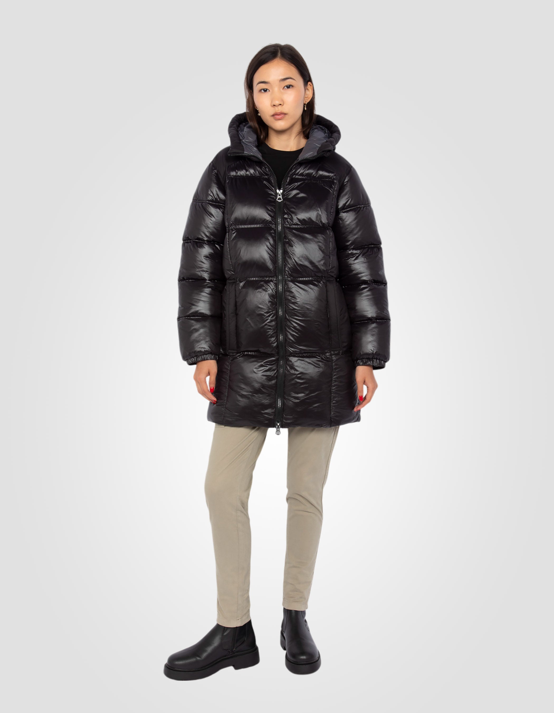 Mid-length satin-effect hooded puffer jacket-1