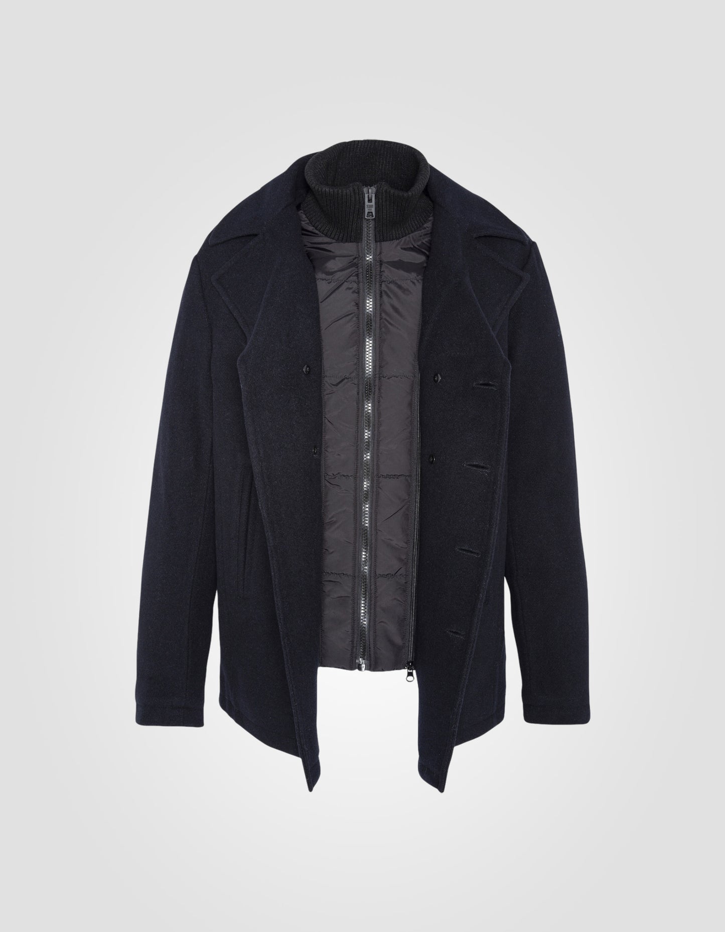 Wool blend peacoat with removable placket