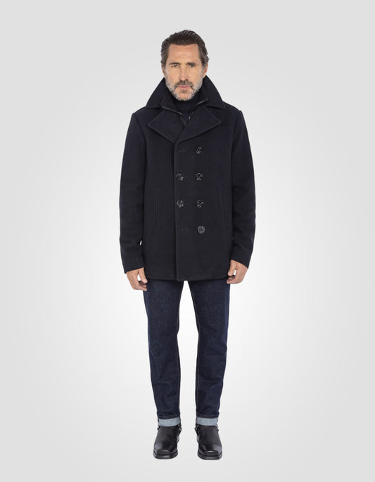 Wool blend peacoat with removable placket