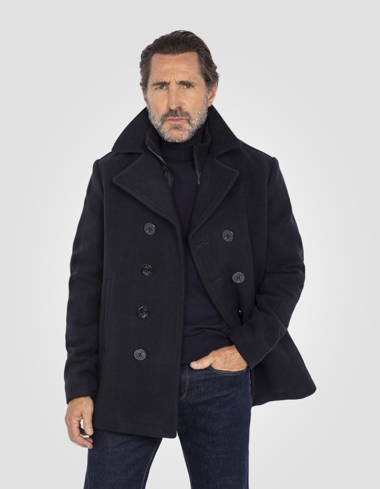 Wool blend peacoat with removable placket