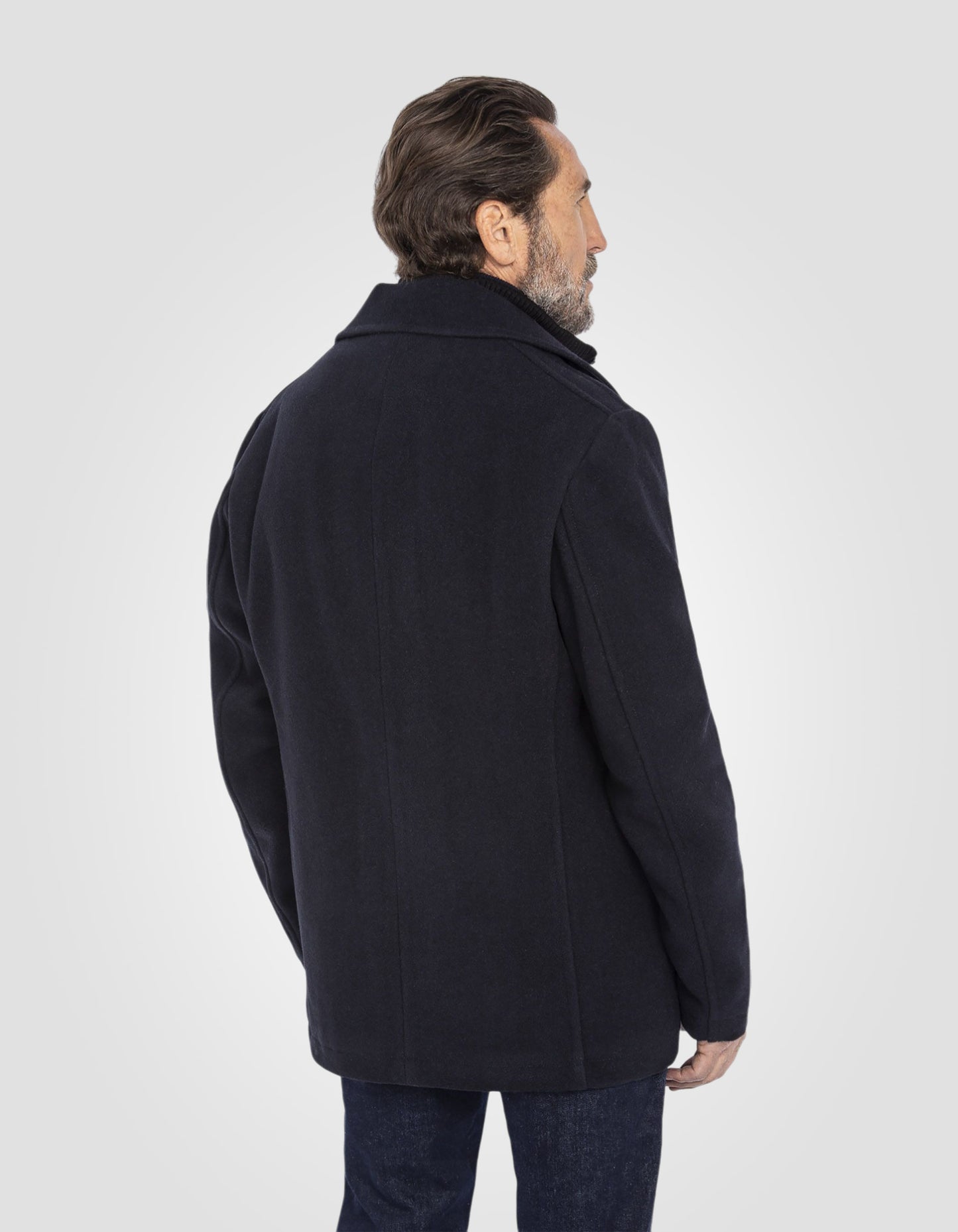 Wool blend peacoat with removable placket