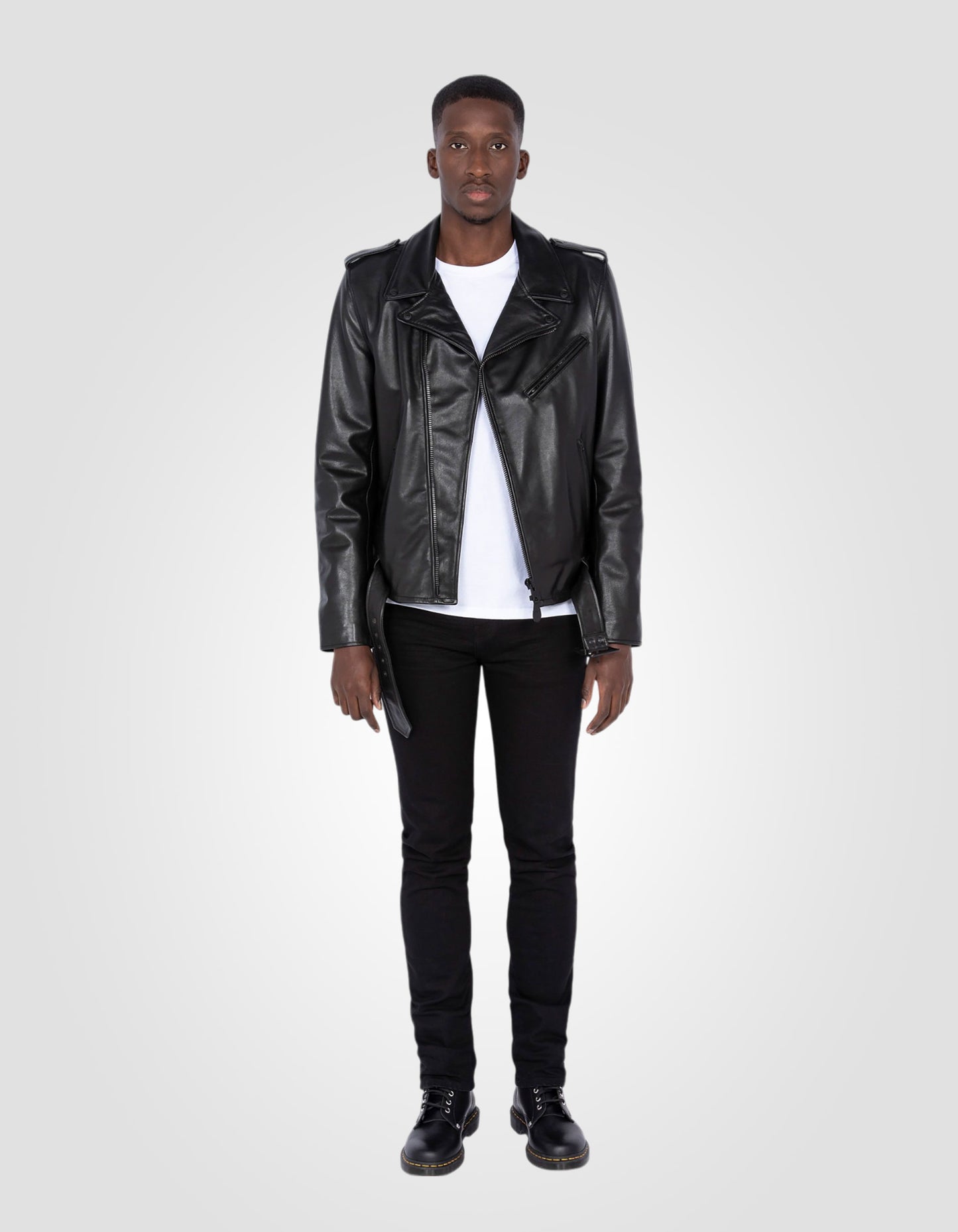 Blouson Perfecto® «full black» avec ceinture, cuir de vachette