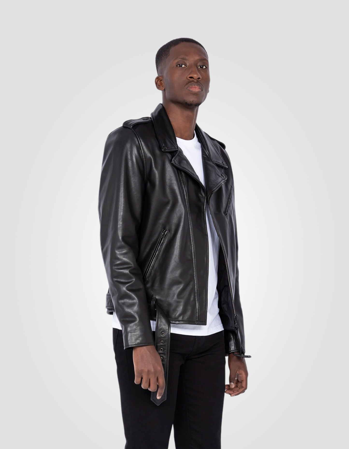 Blouson Perfecto® «full black» avec ceinture, cuir de vachette