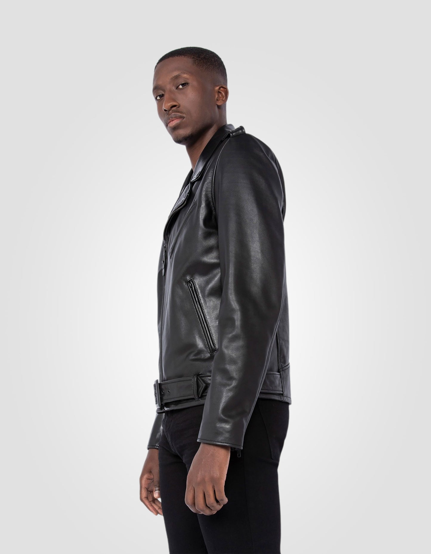 Blouson Perfecto® «full black» avec ceinture, cuir de vachette