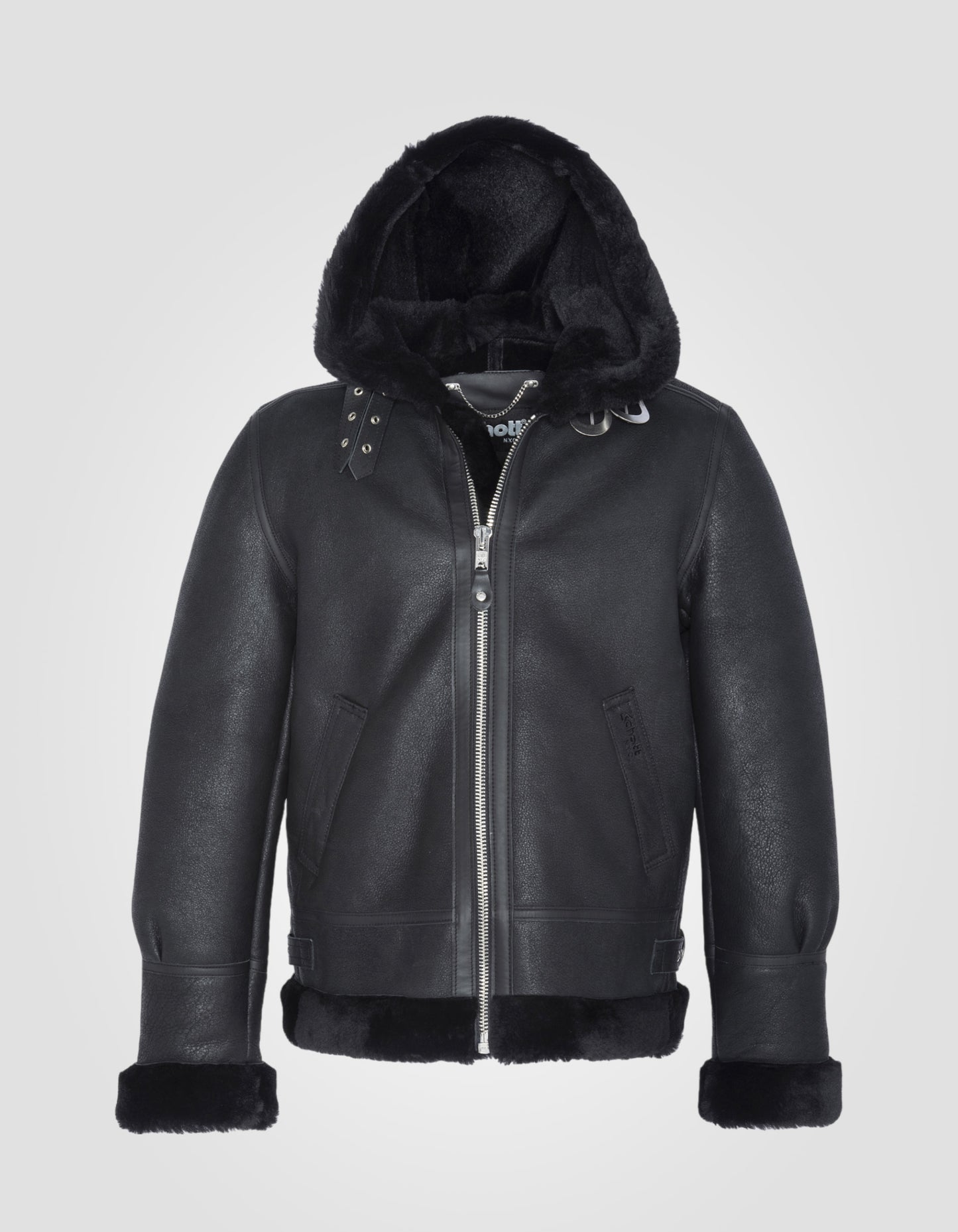 B-3 hooded bomber jacket, sheepskin leather