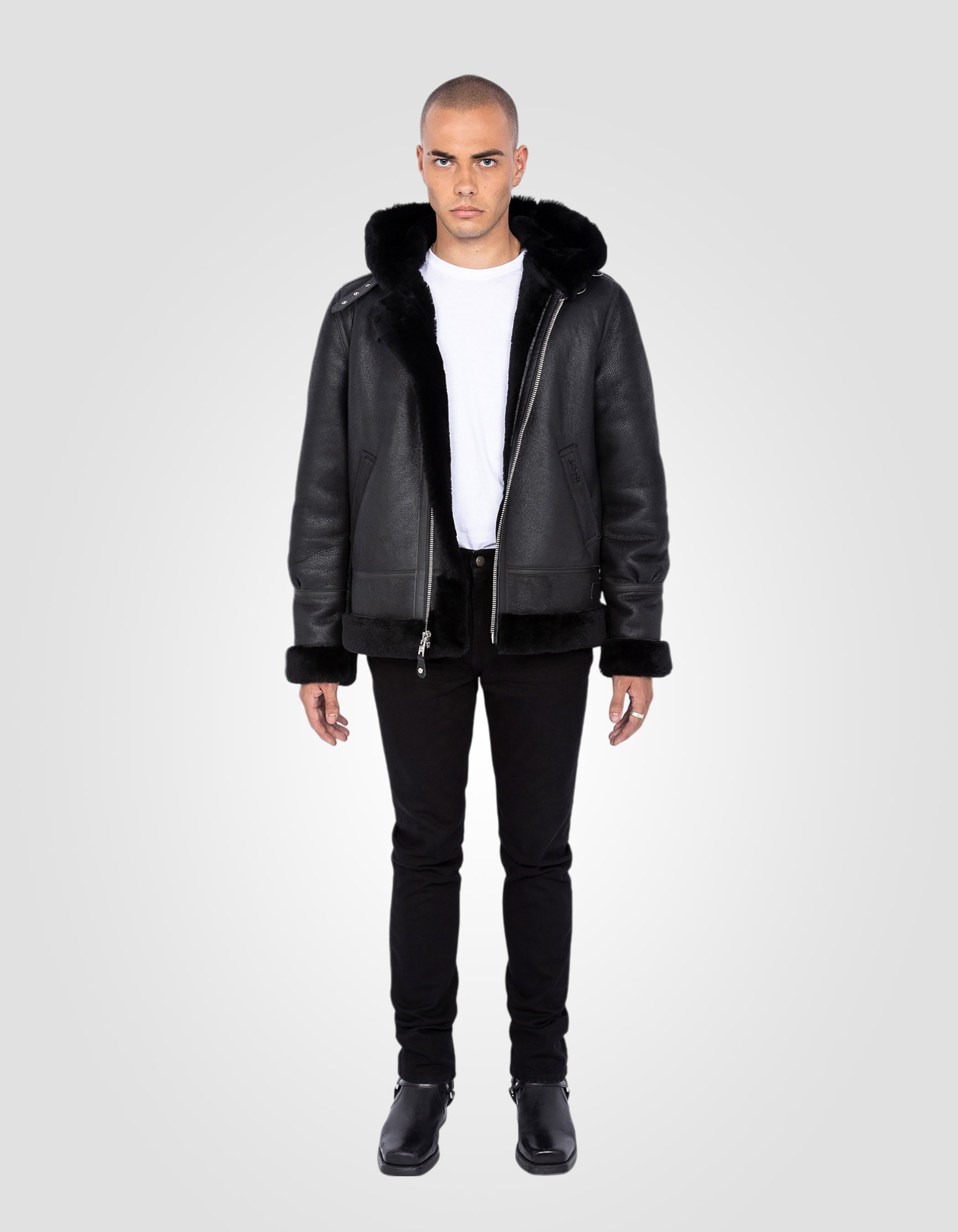 B-3 hooded bomber jacket, sheepskin leather-1