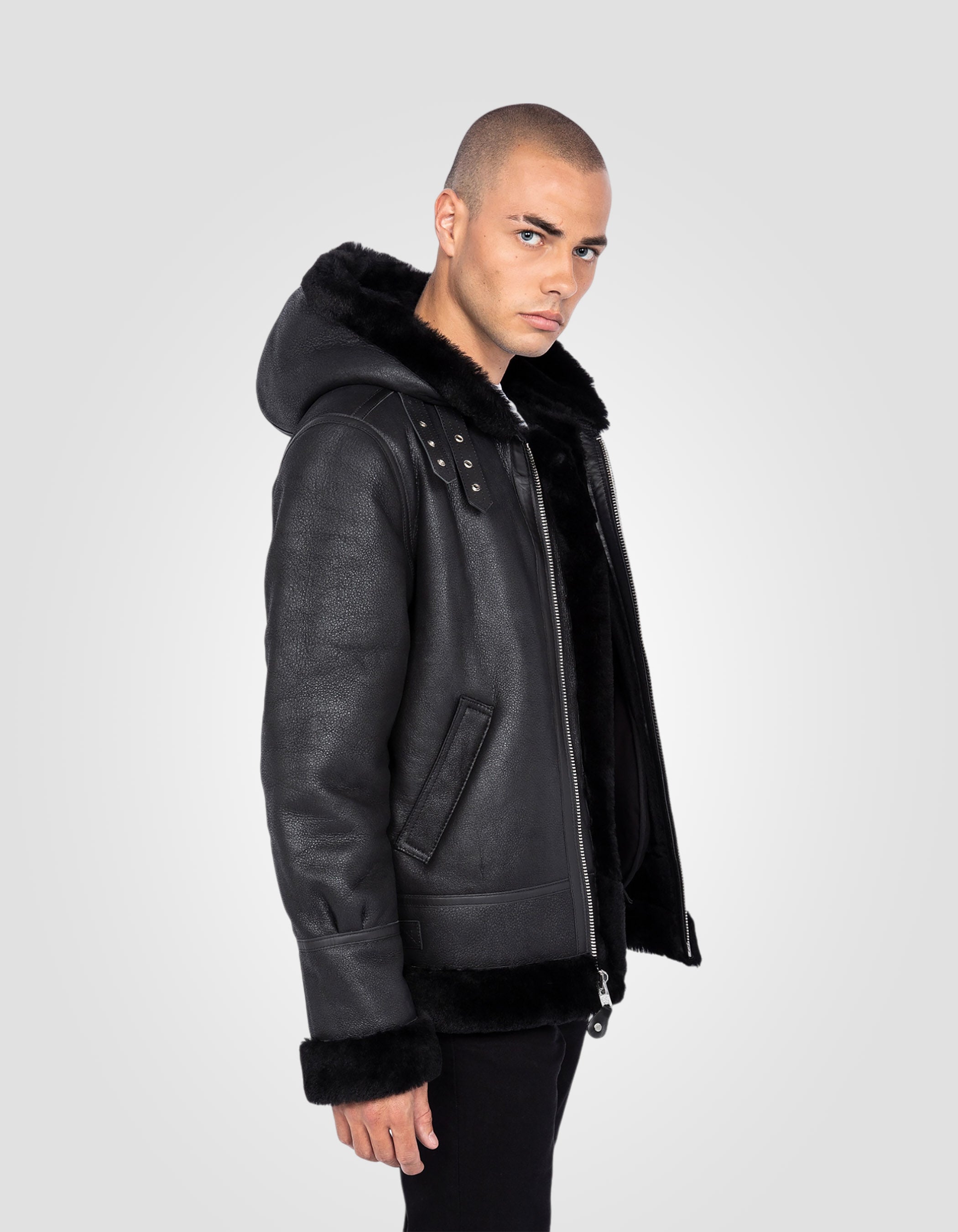 B-3 hooded bomber jacket, sheepskin leather-4