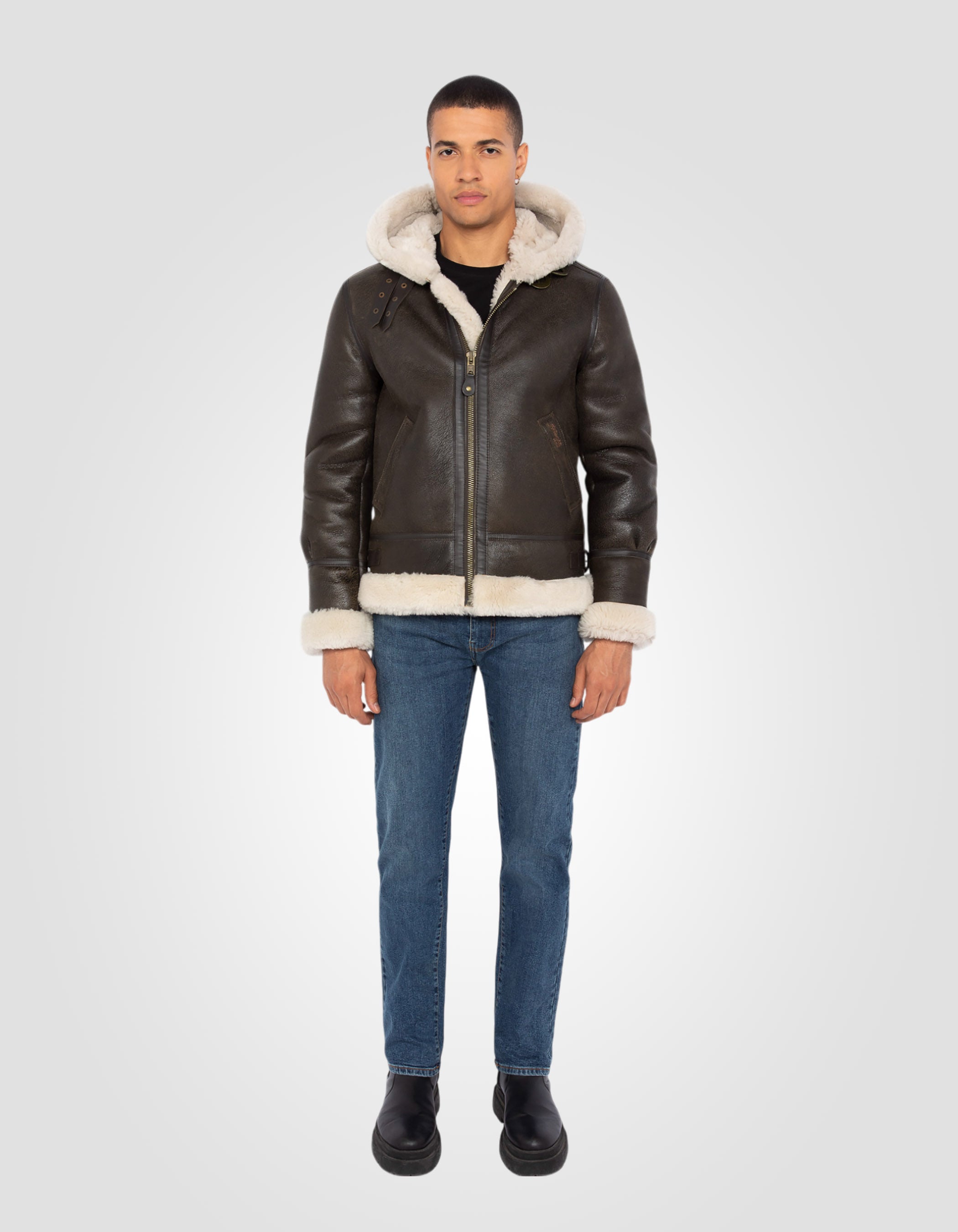 B-3 hooded bomber jacket, sheepskin leather-1