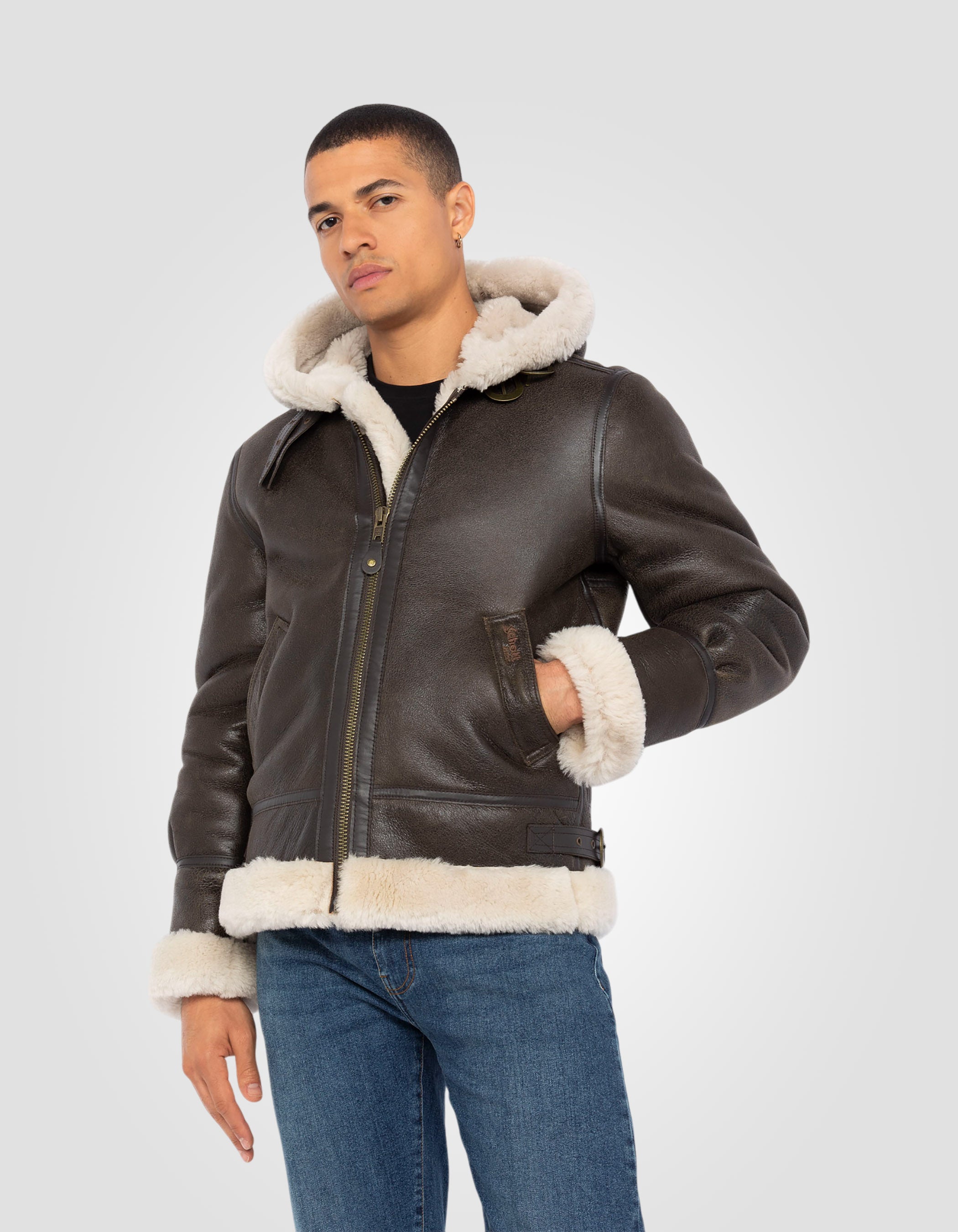 B-3 hooded bomber jacket, sheepskin leather-4