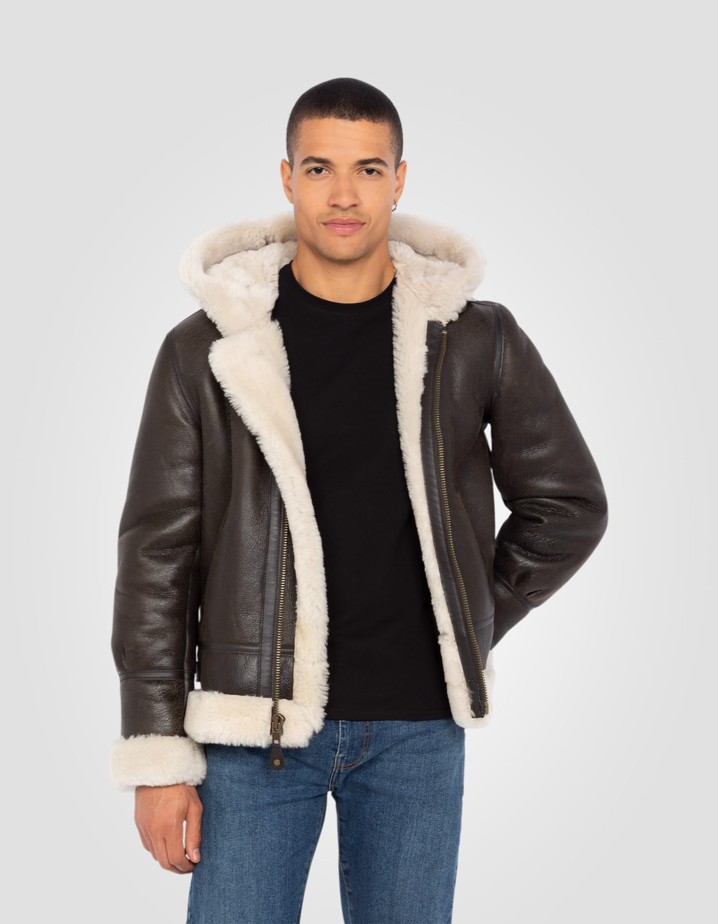 B-3 hooded bomber jacket, sheepskin leather