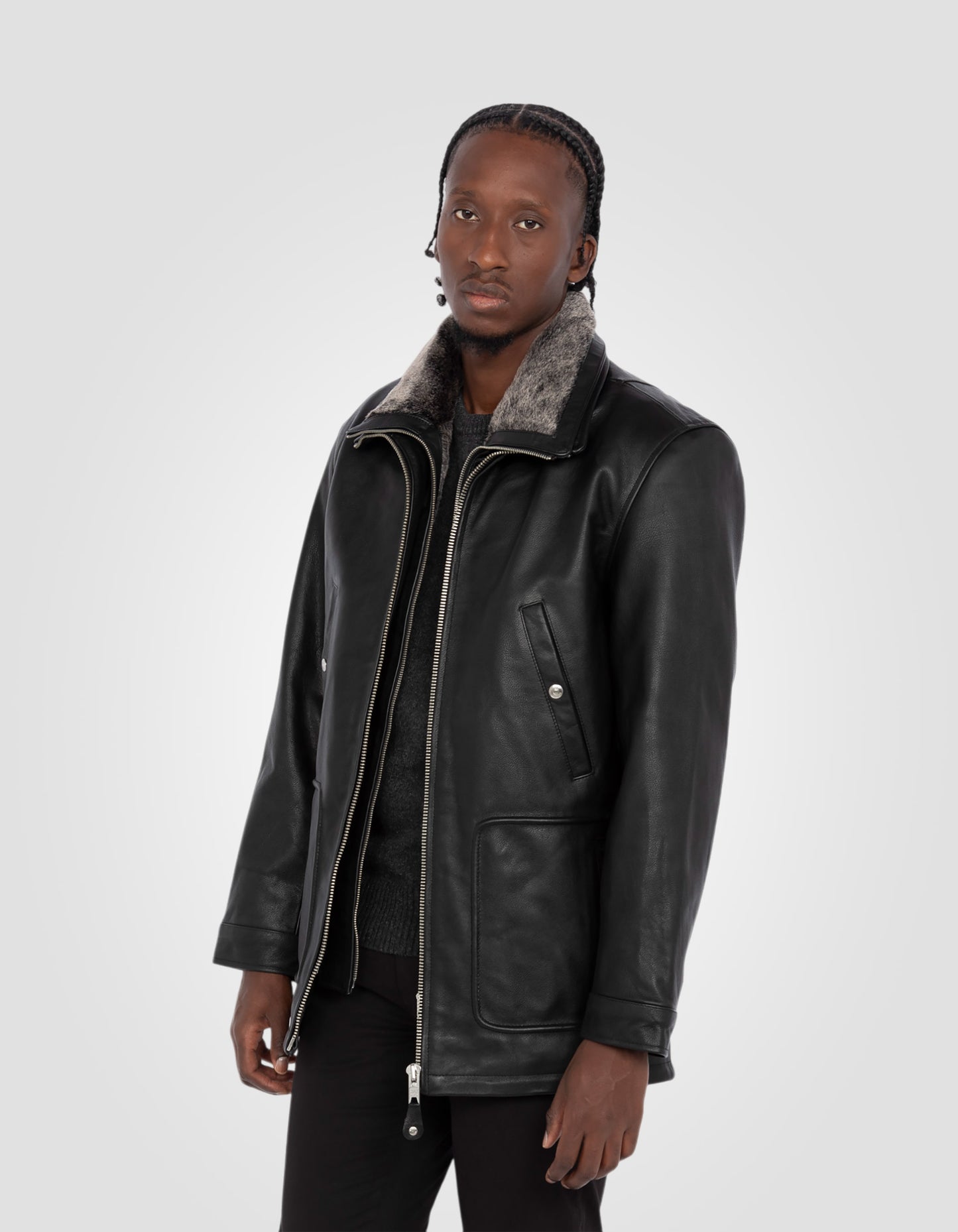 Blouson long casual, cuir de vachette