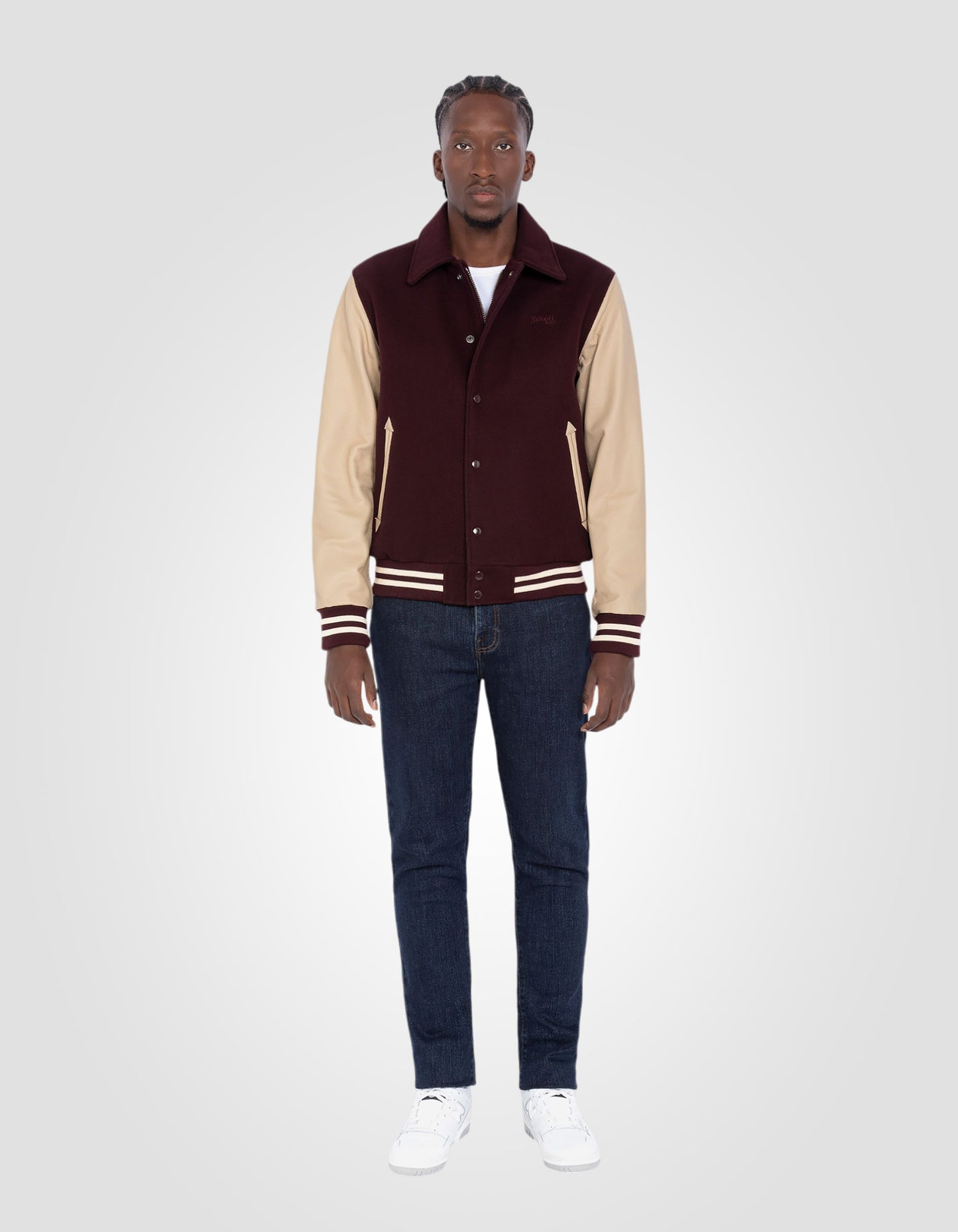 Varsity jacket with collar, cowhide leather