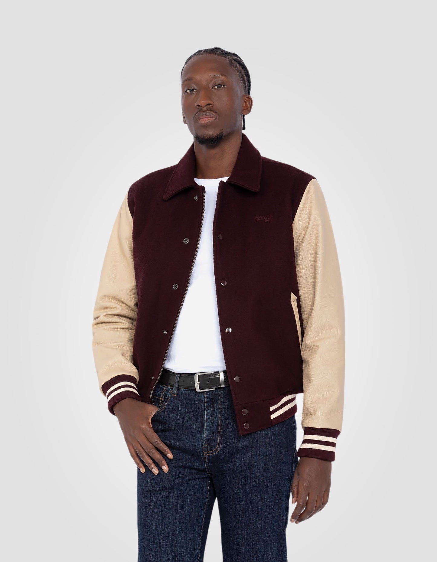 Varsity jacket with collar, cowhide leather