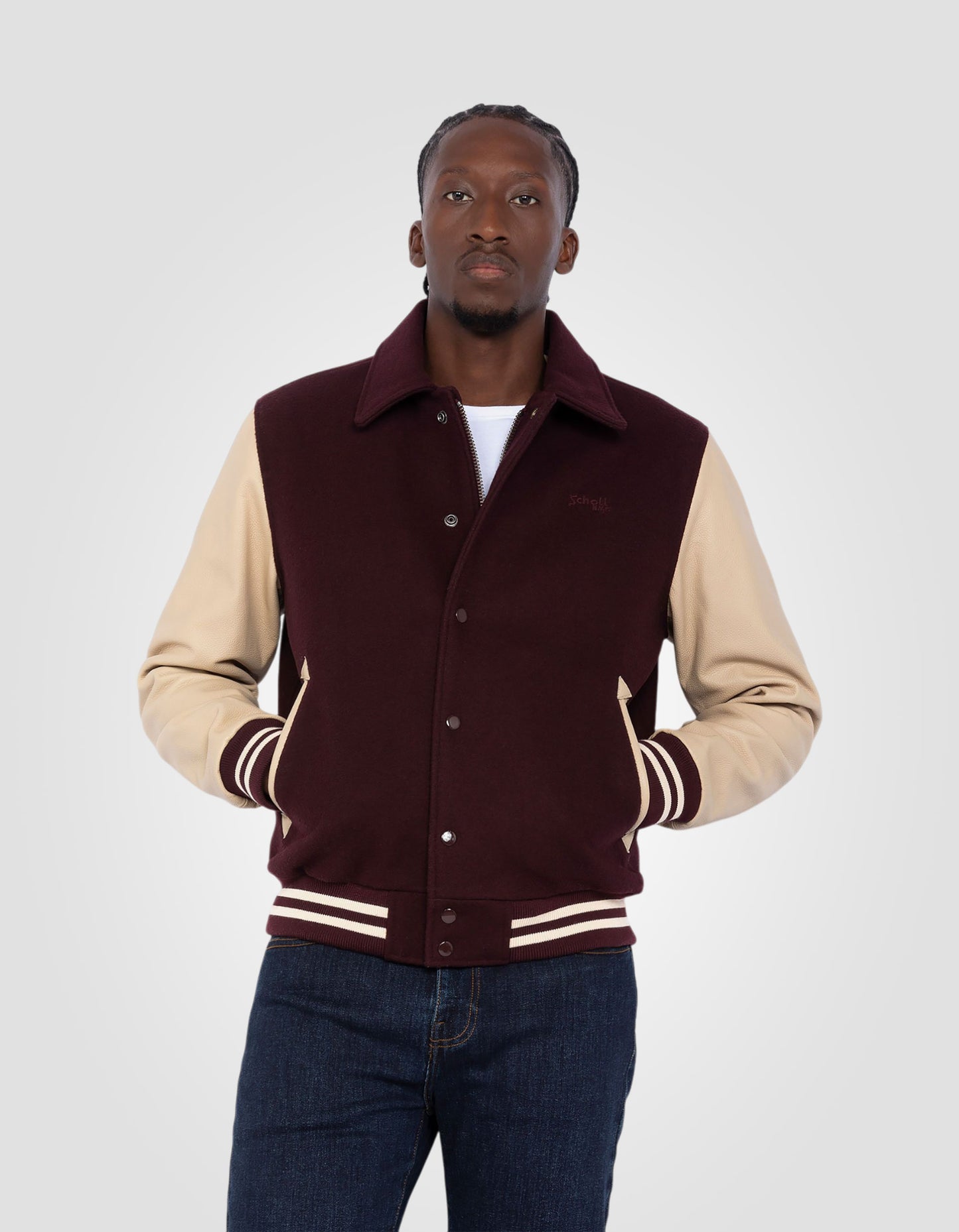 Varsity jacket with collar, cowhide leather