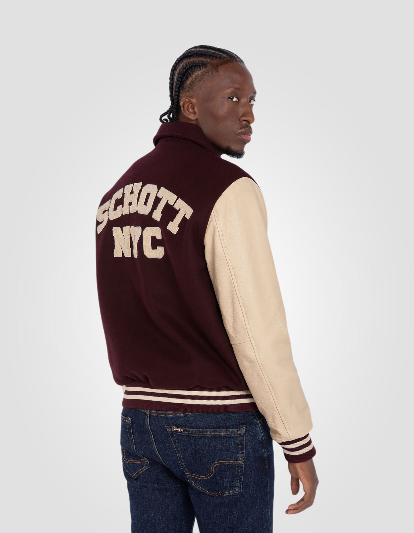 Varsity jacket with collar, cowhide leather