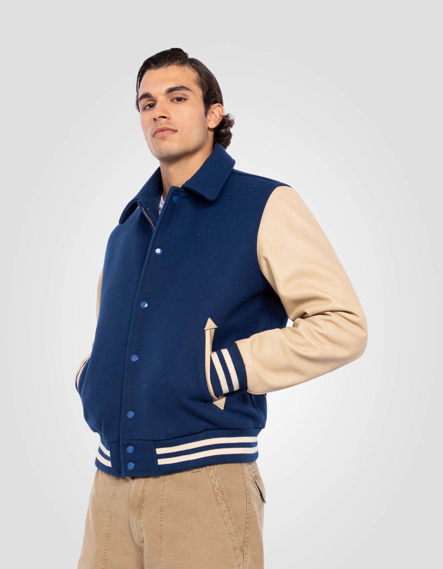 Varsity jacket with collar, cowhide leather