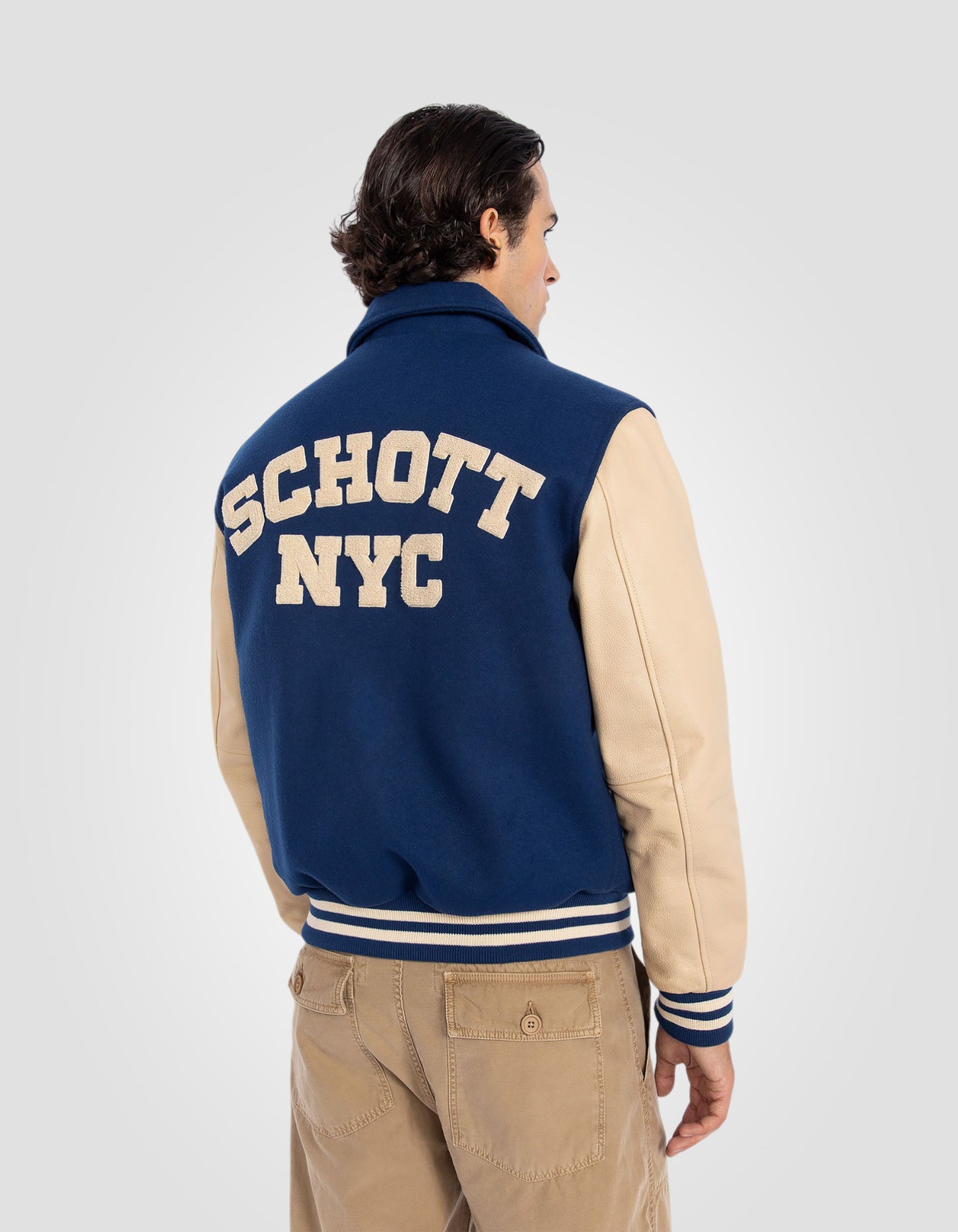 Varsity jacket with collar, cowhide leather