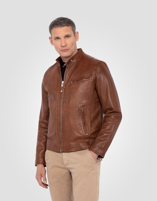 Blouson café racer effet usé, cuir d'agneau