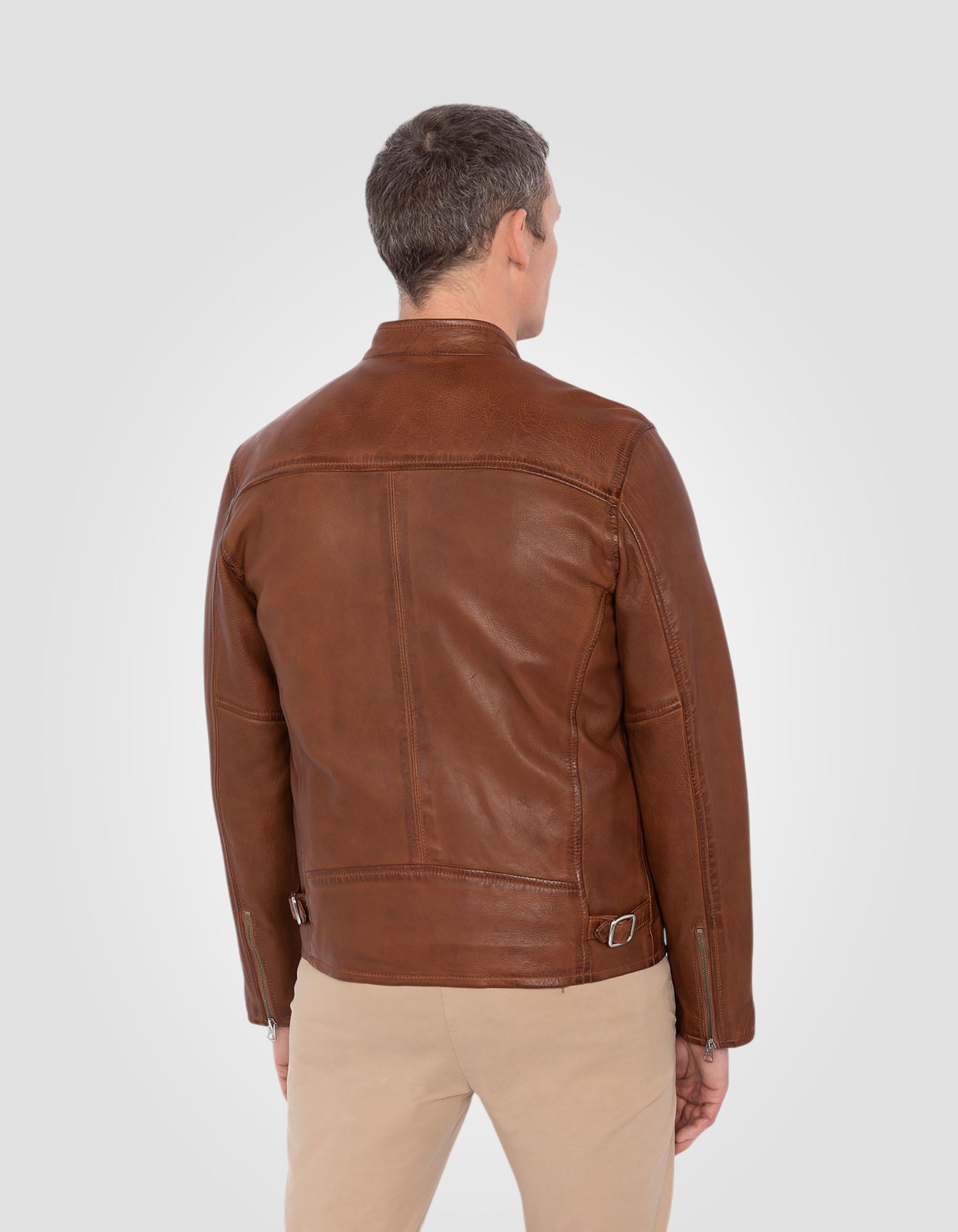 Blouson café racer effet usé, cuir d'agneau