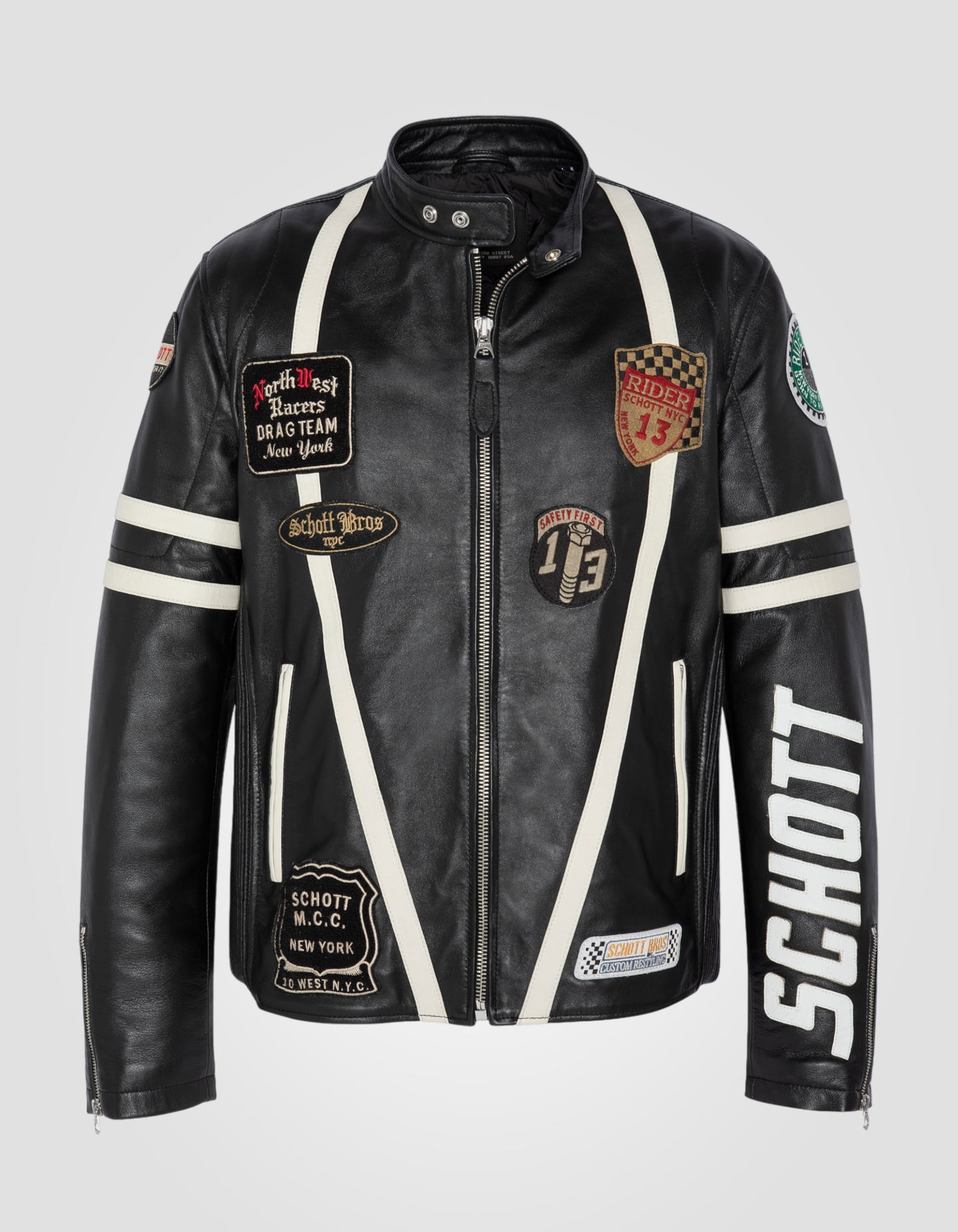 Blouson motard badgé, cuir d'agneau