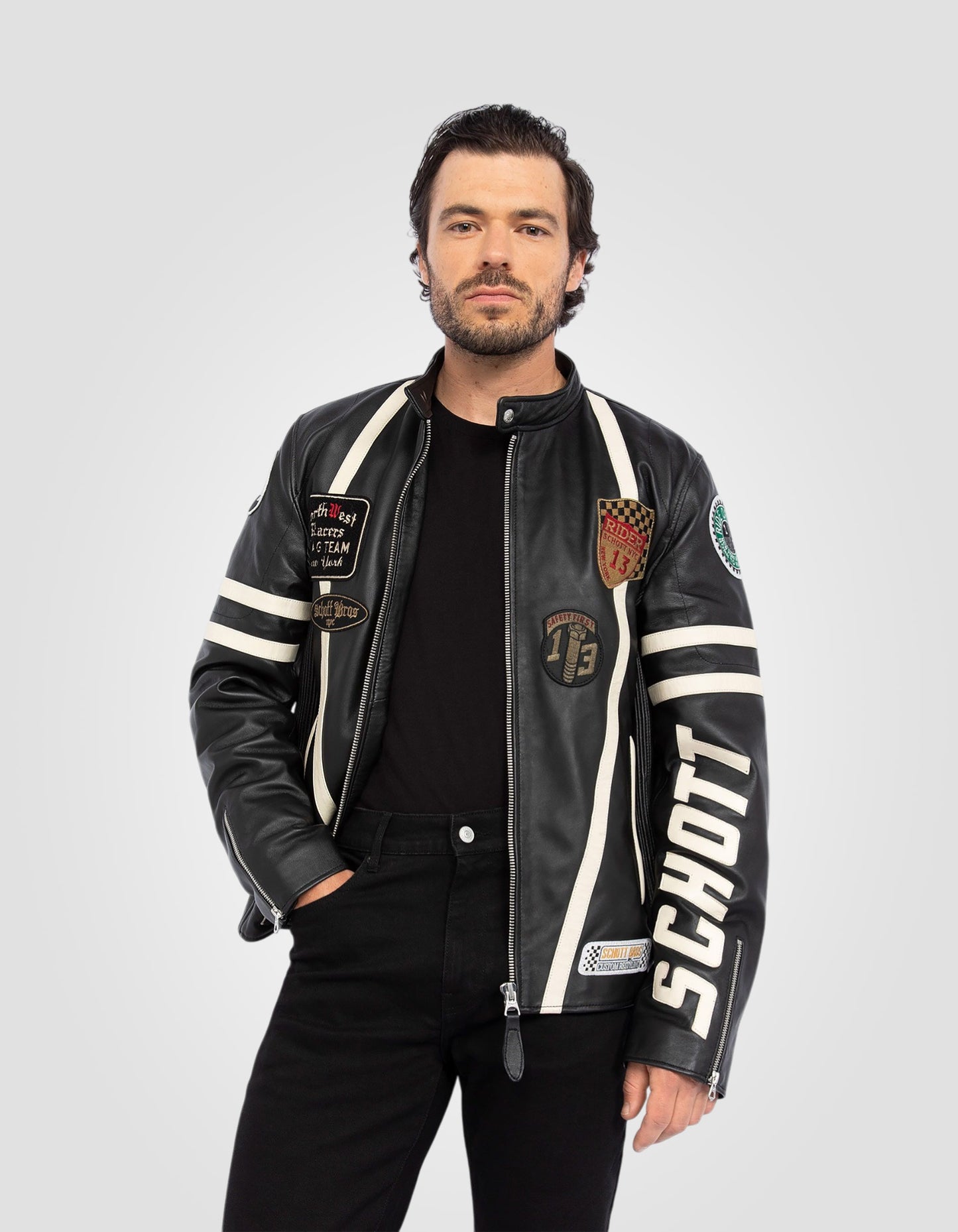 Blouson motard badgé, cuir d'agneau