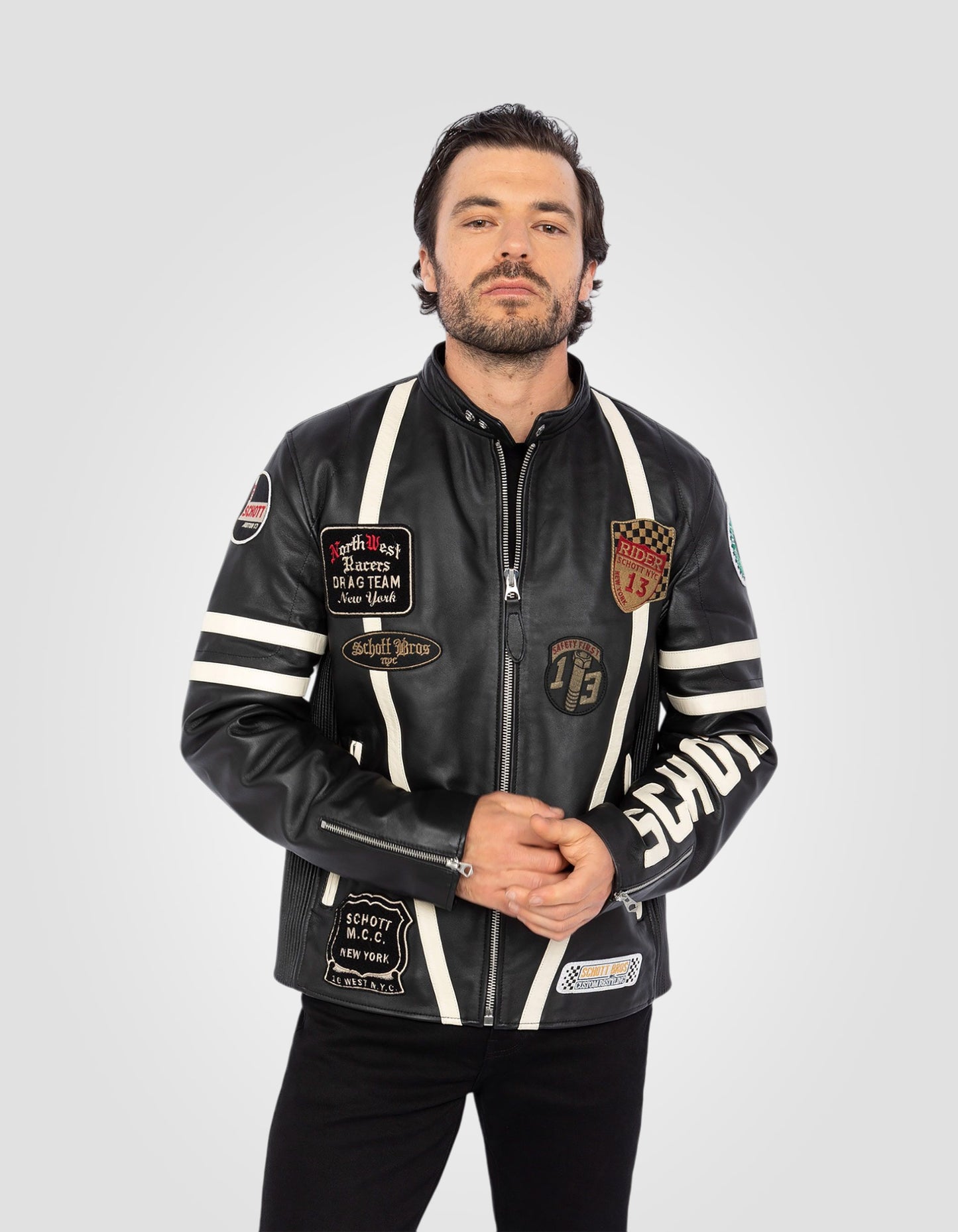 Blouson motard badgé, cuir d'agneau