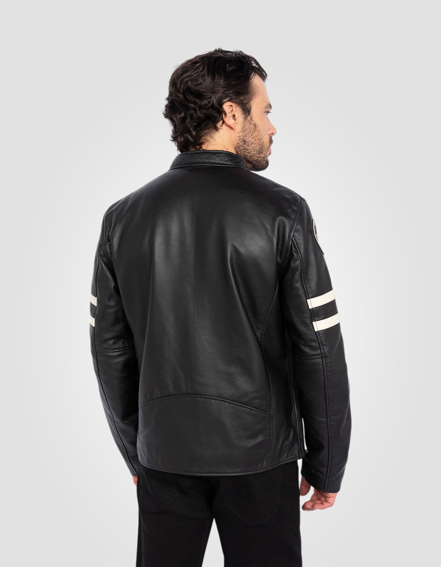 Blouson motard badgé, cuir d'agneau