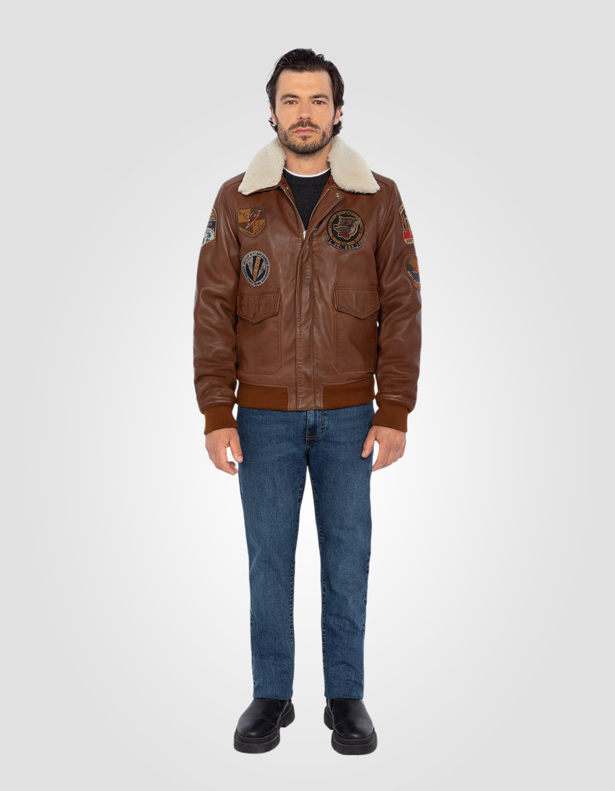 Patched flight jacket, lambskin leather-1