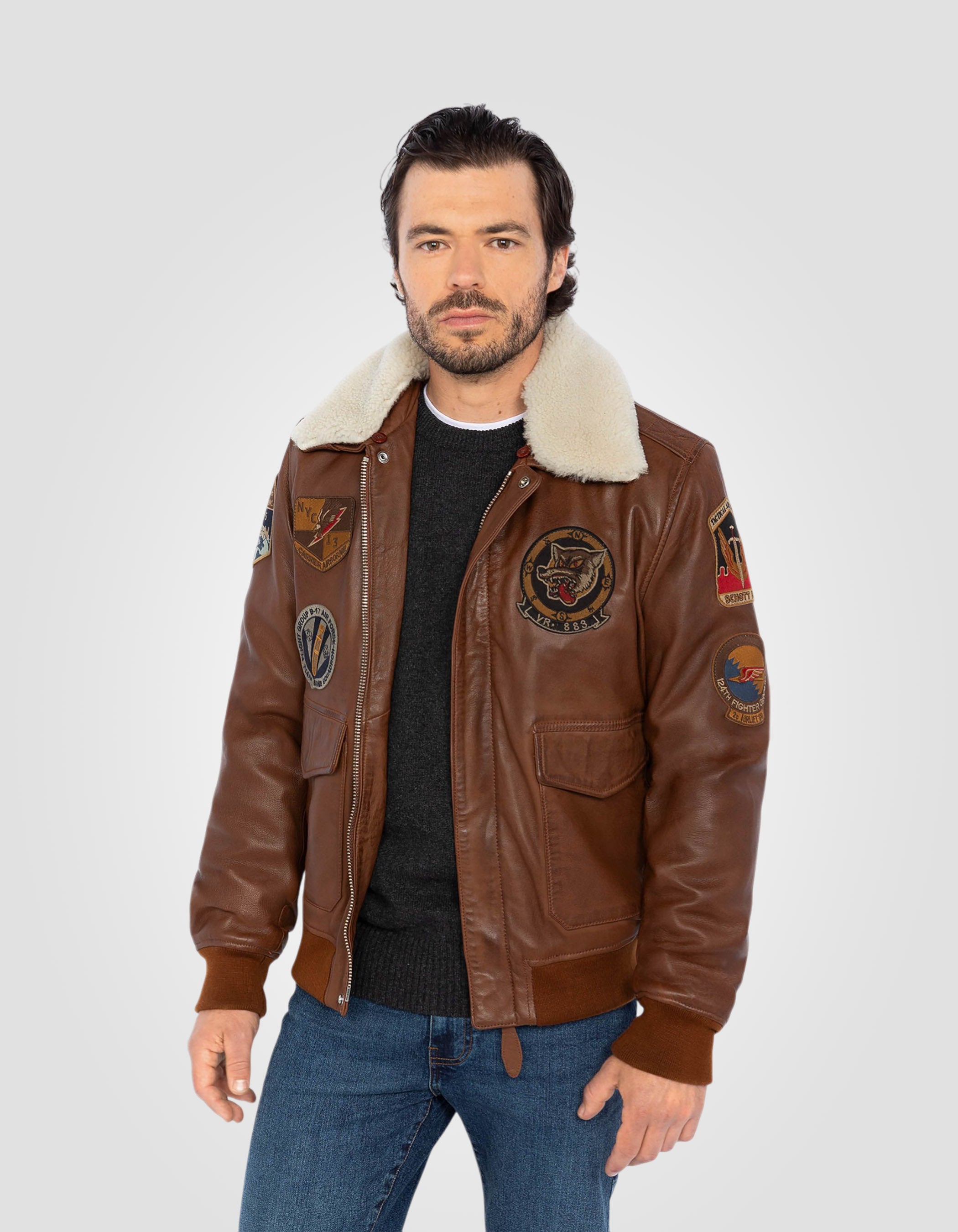 Patched flight jacket, lambskin leather-4