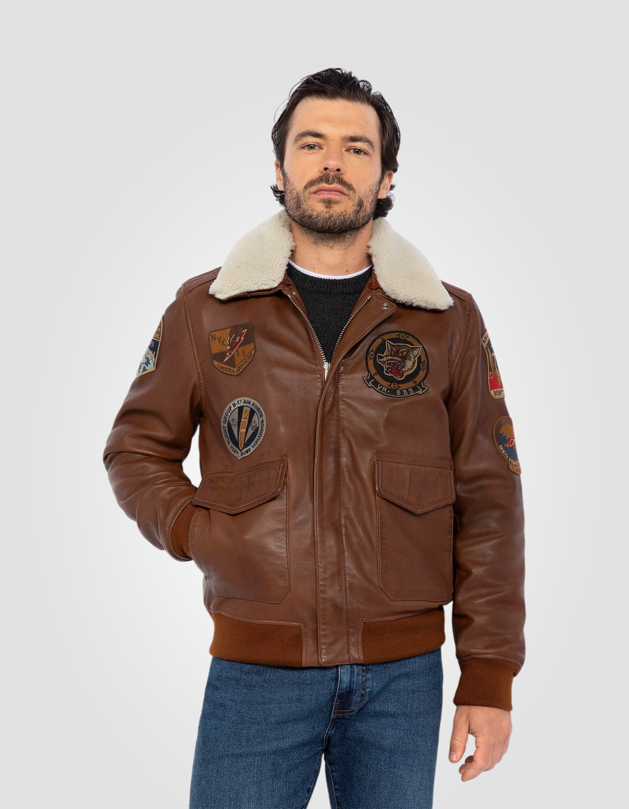 Patched flight jacket, lambskin leather-3