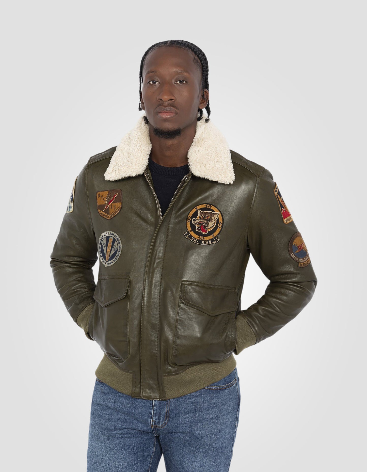 Blouson pilote badgé, cuir d'agneau