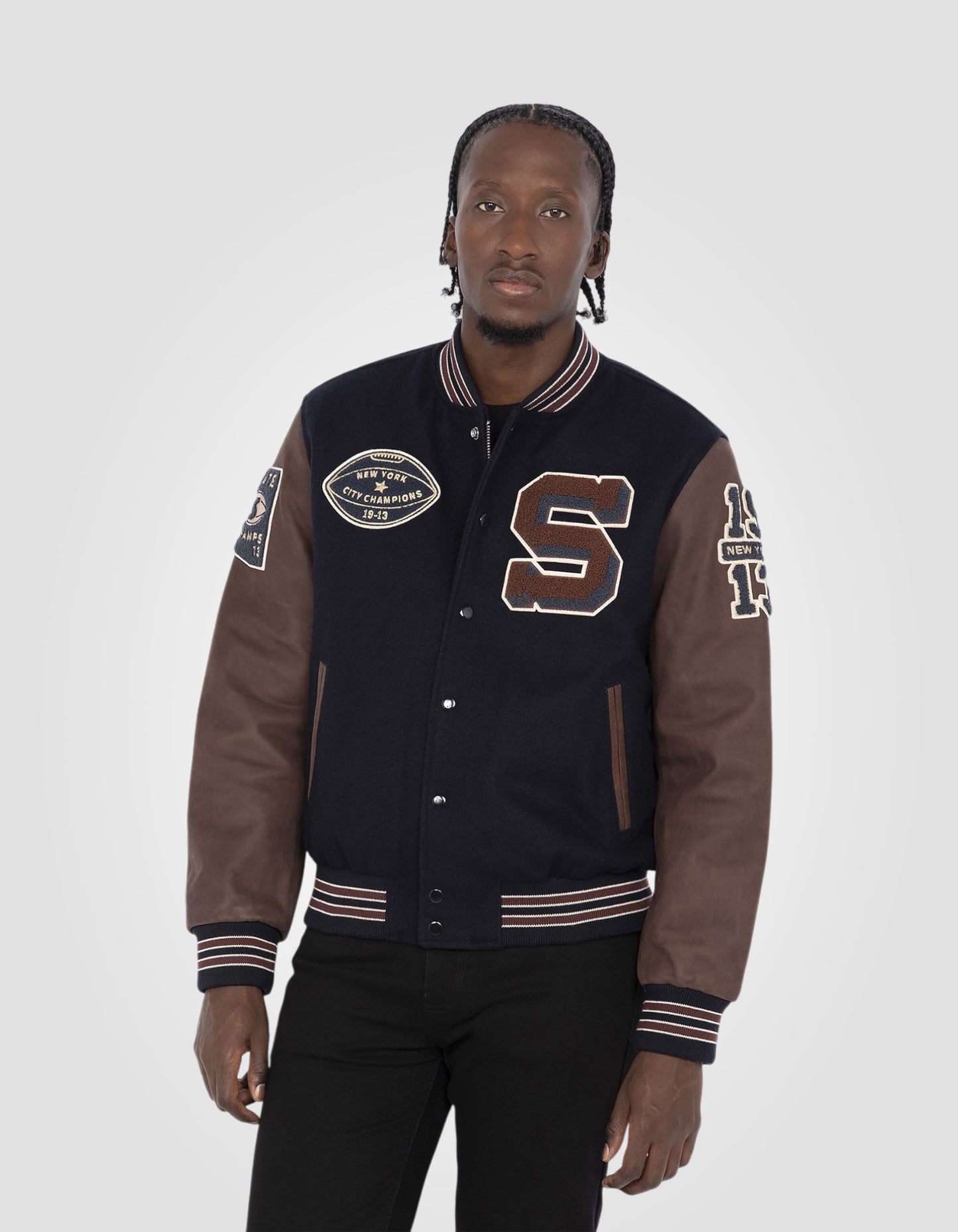 Varsity jacket, cowhide leather