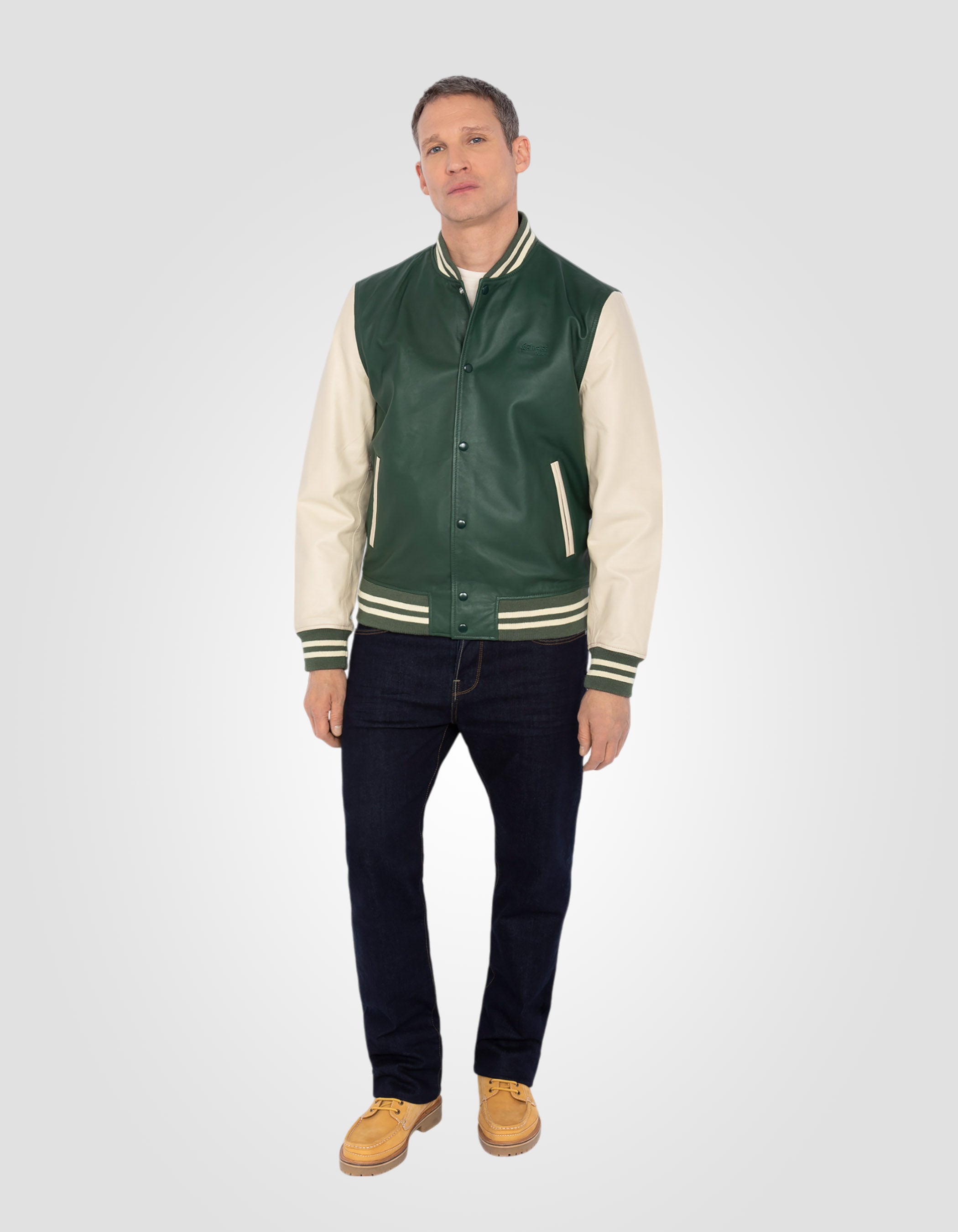 Two-tone varsity jacket, lambskin leather-1