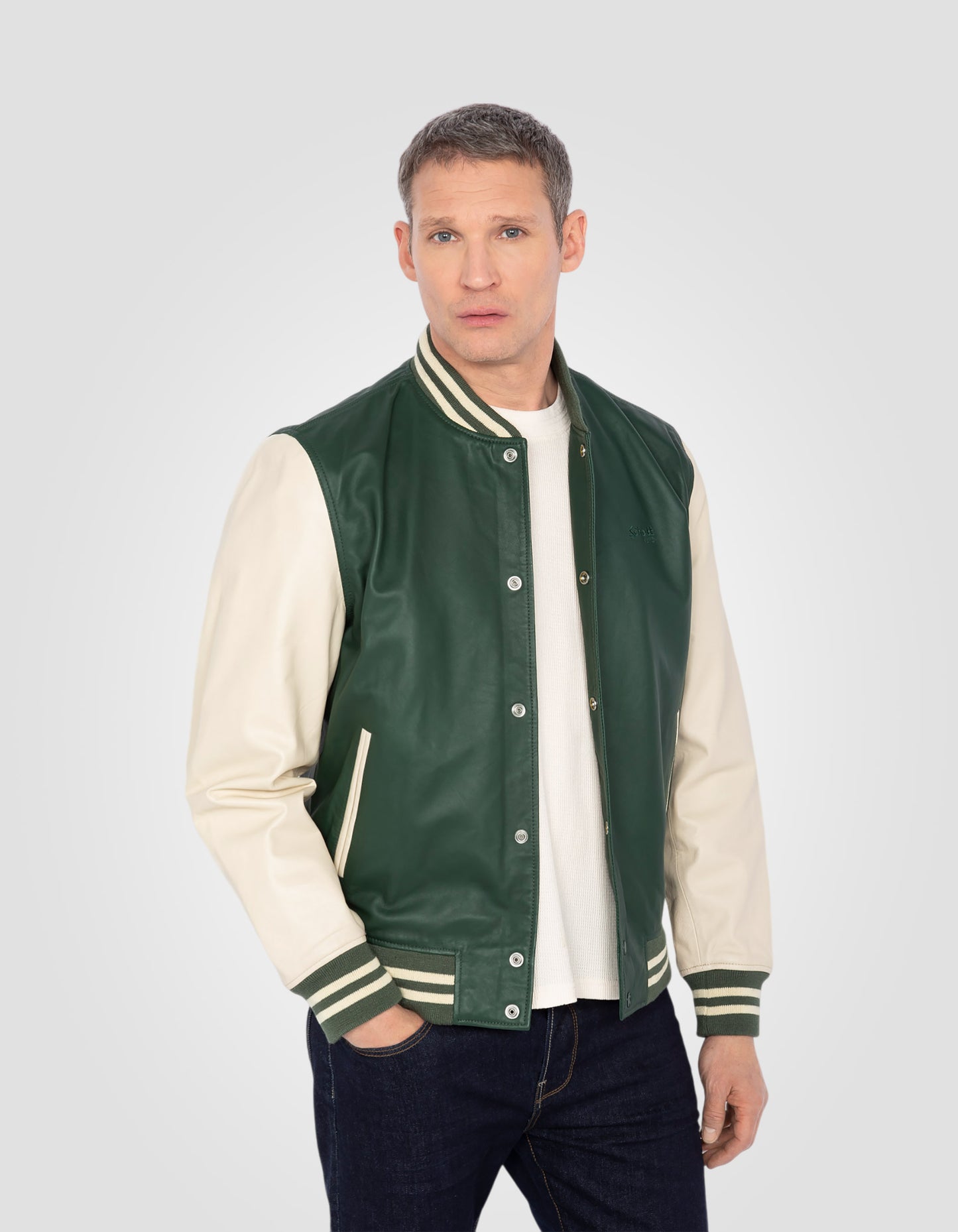 Two-tone varsity jacket, lambskin leather