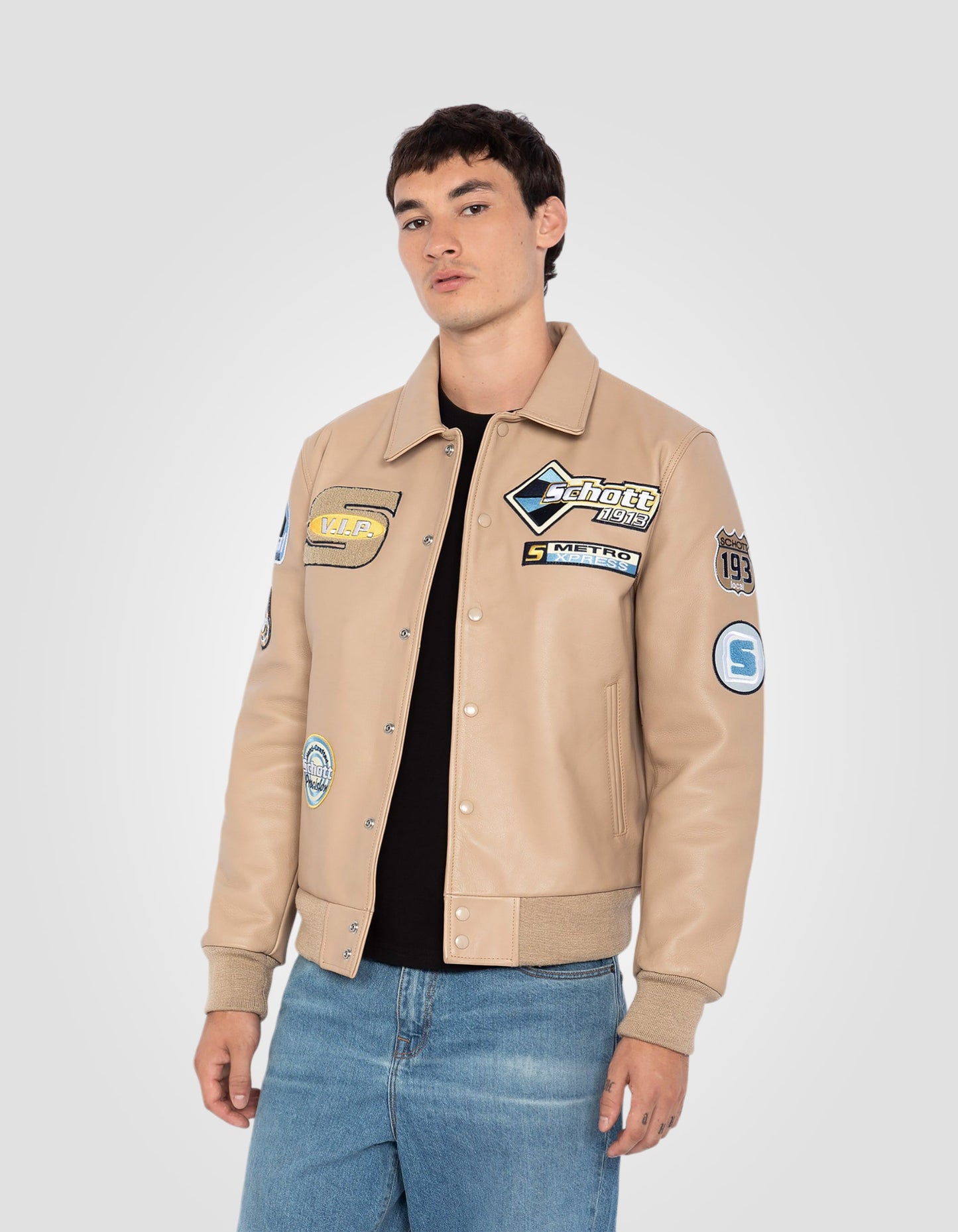 Blouson urban badgé, cuir de vachette