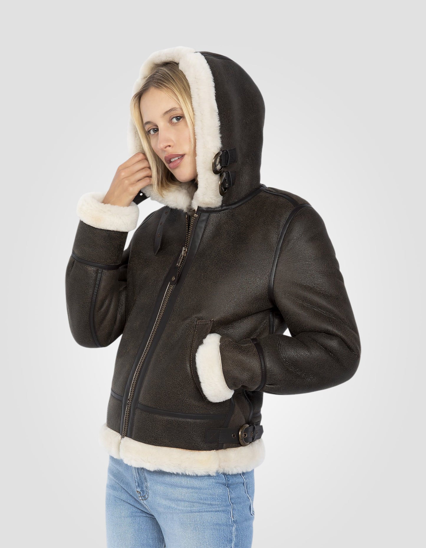 Blouson bombardier B-3 à capuche, cuir de mouton