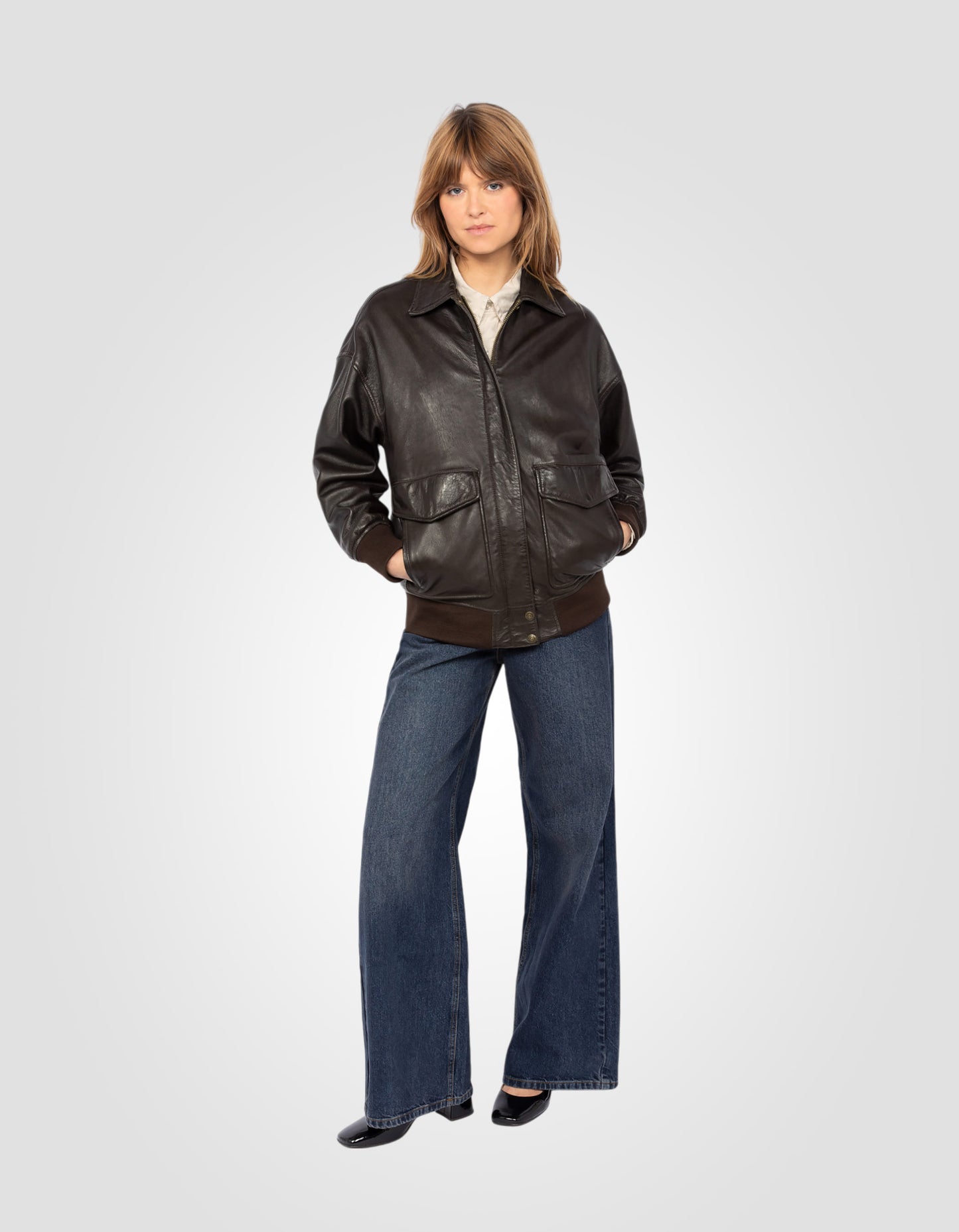 Blouson aviateur coupe boyfriend, cuir d'agneau