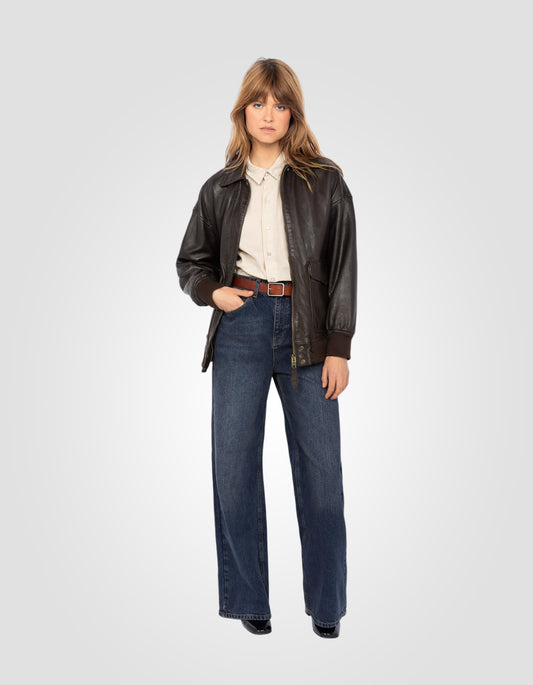 Blouson aviateur coupe boyfriend, cuir d'agneau