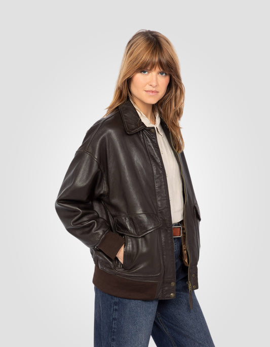 Blouson aviateur coupe boyfriend, cuir d'agneau