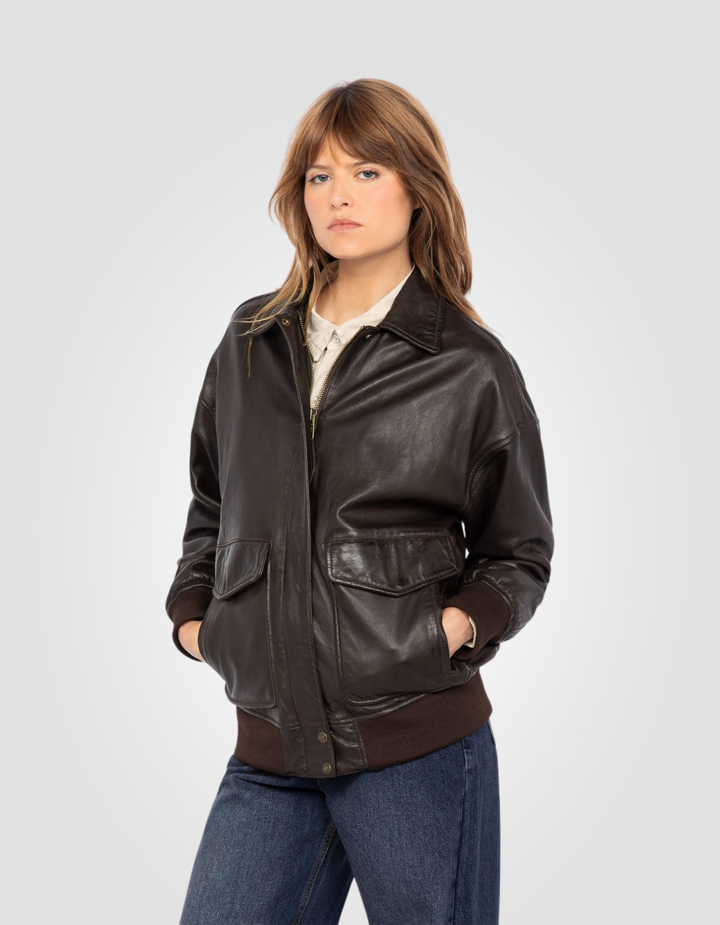 Blouson aviateur coupe boyfriend, cuir d'agneau