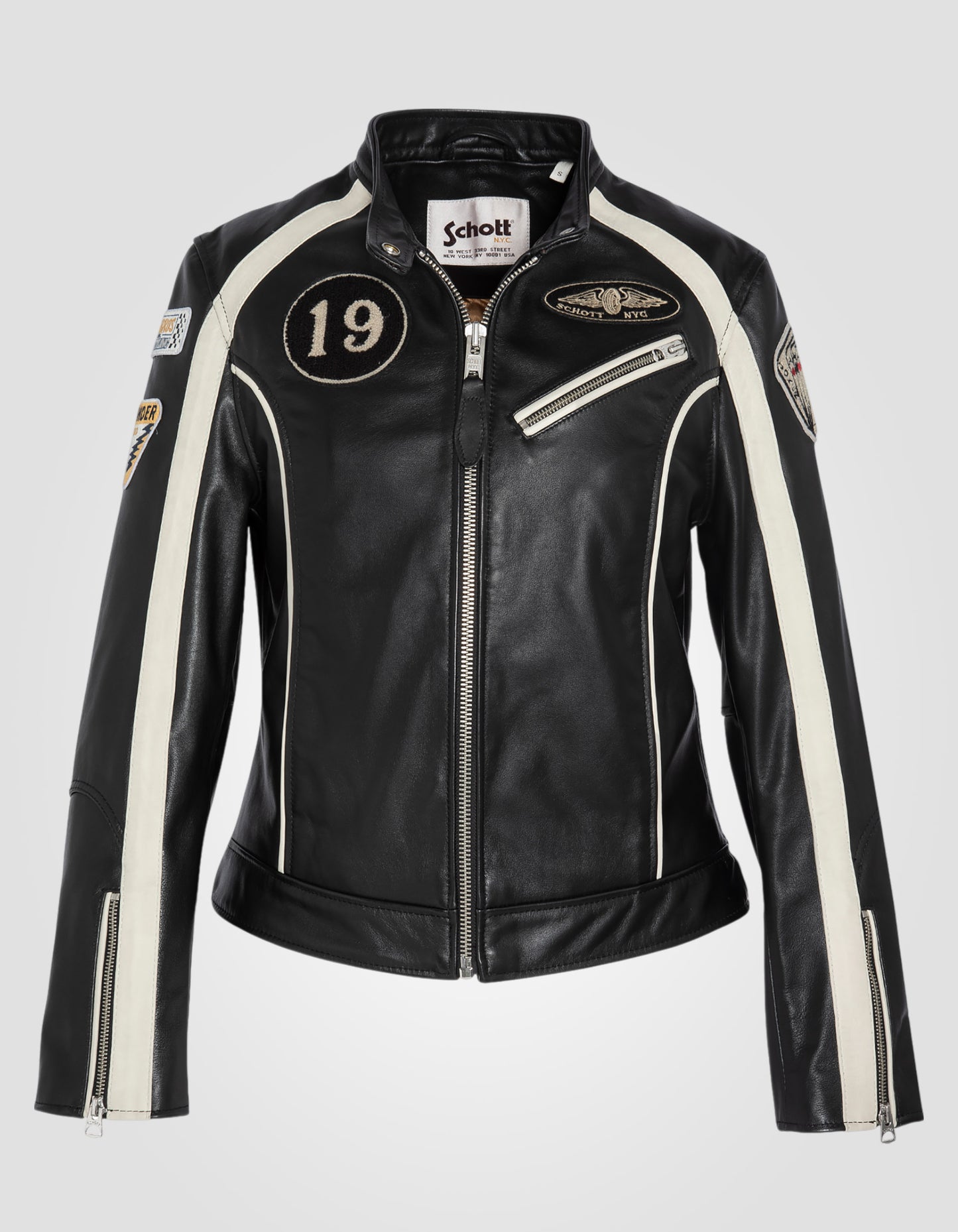 Blouson motard badgé, cuir de vachette